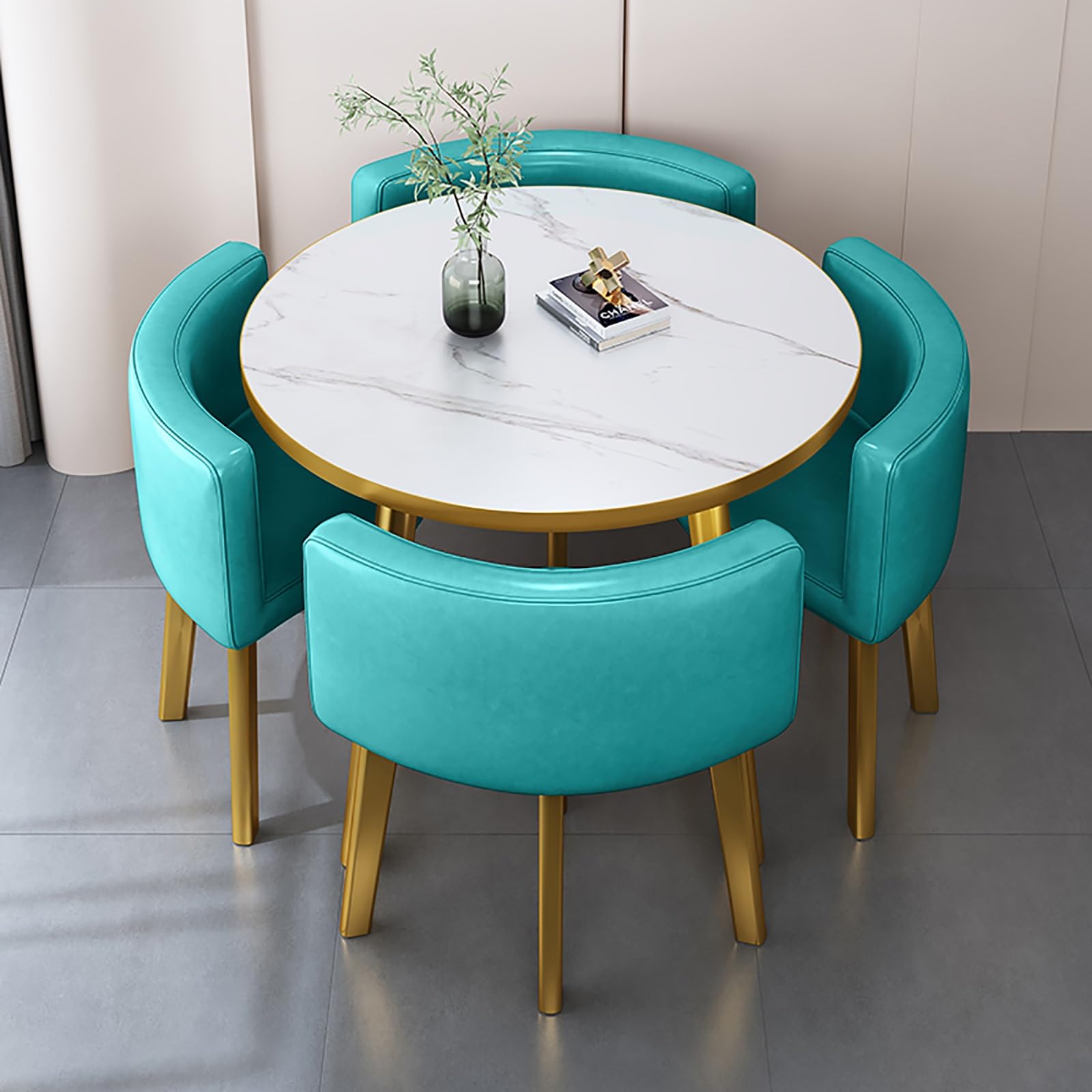 Round Dining Table Set for 4 with Marble Top and Chairs Office Reception Desk and Chair Set Suitable for Lounge Living Room Modern Furniture Dining Set,Blue-Round-Leather