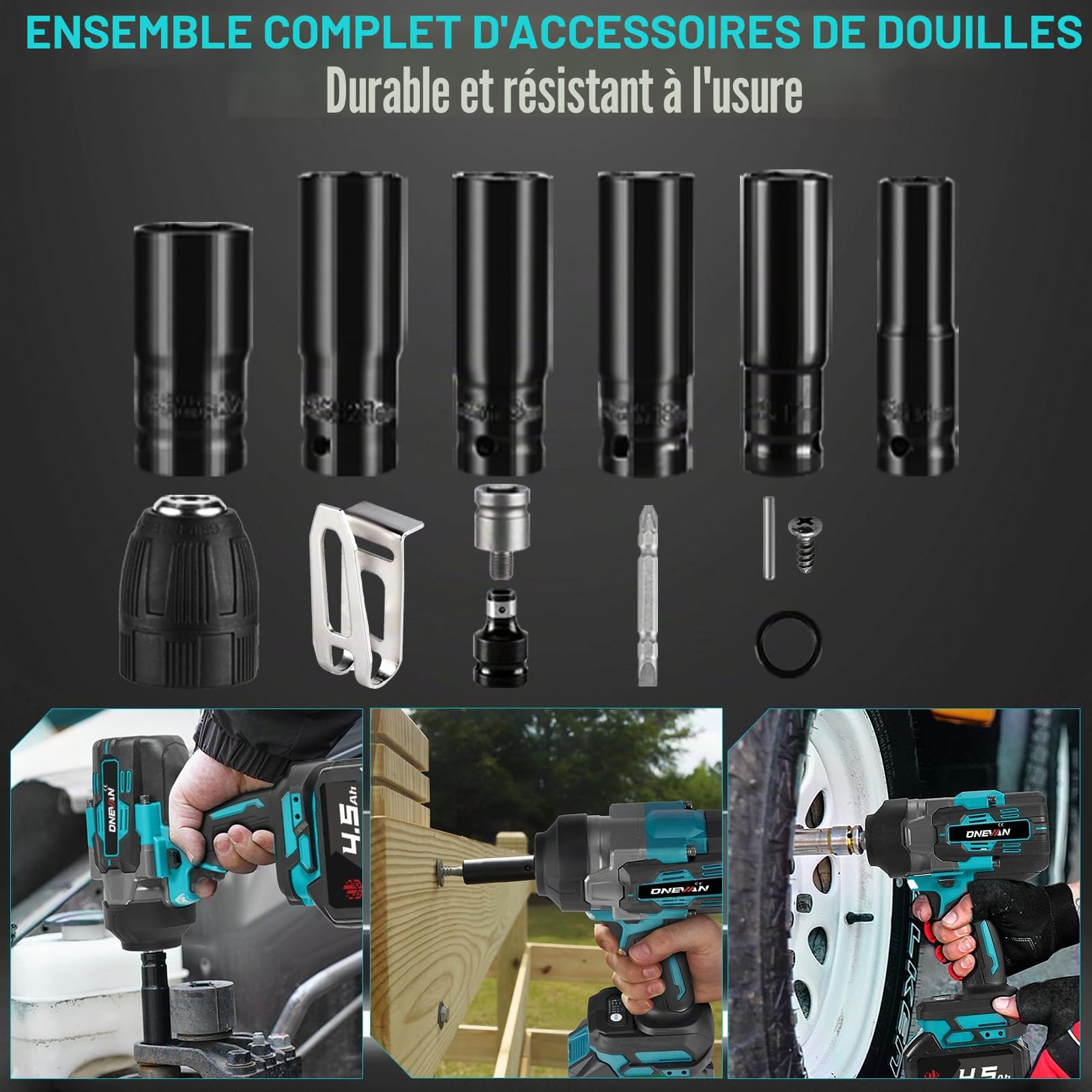 ONEVAN cle a choc sans fil 1700 N.m, 1/2" clé à choc sur batterie avec 2 batteries 4,0 Ah et 6 clés à douille (14/17/18/19/21/22mm), sans balais, boulonneuse a choc électrique pour projets intensifs