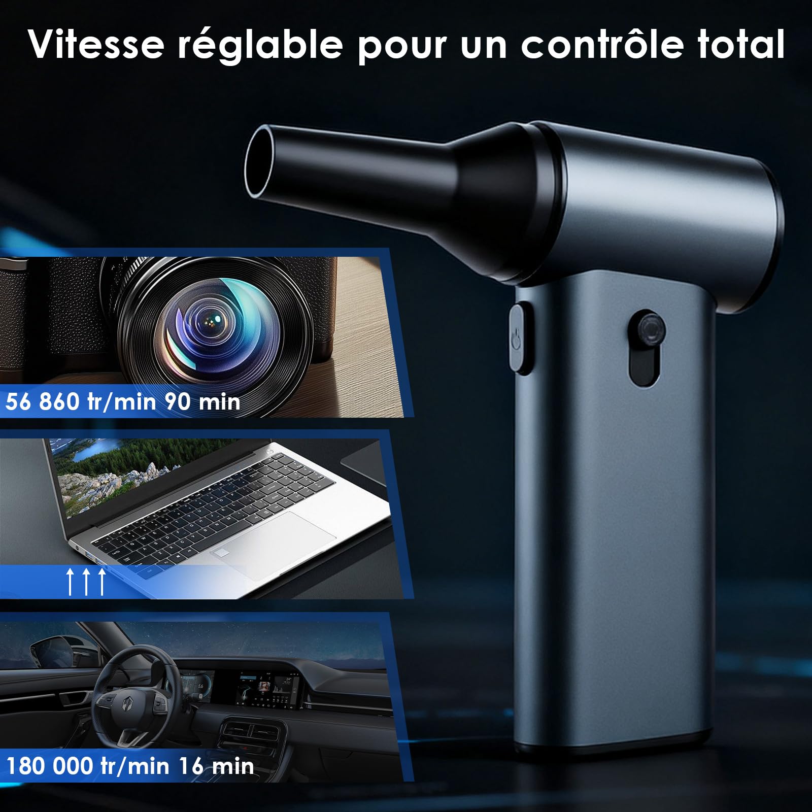 Souffleur Air Comprimé, Alliage d'aluminium 180000 TR/Min Souffleur PC Batterie 7800mAh, Ajustez à volonté Soufflette Air Comprimé, avec Kit de Brosses de Nettoyage, pour PC, claviers, voitures