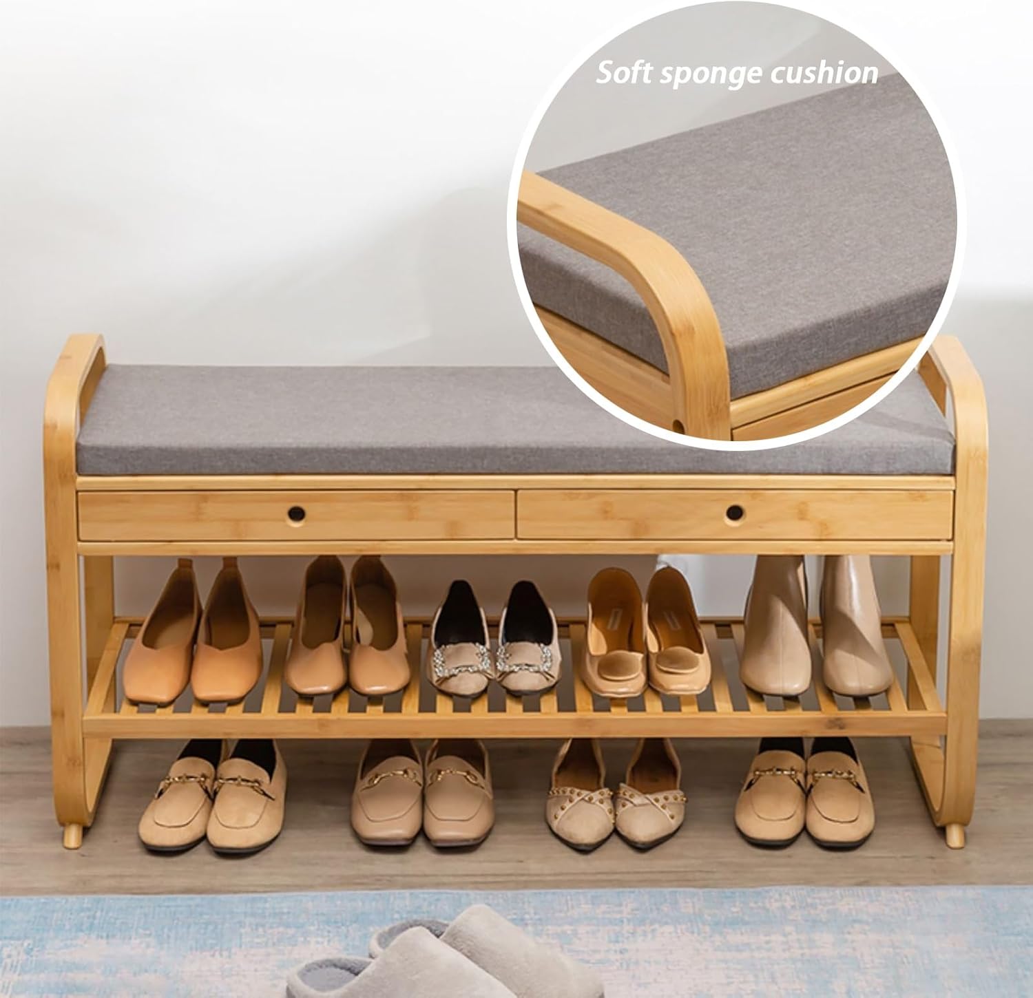 Shoe Bench with Storage Drawer, Bamboo Shoe Rack Bench with Open Shelves, Removable and Washable Upholstered Seat, Entryway Shoe Storage Bench, for Bedroom end of Bed, Living Room (Size :