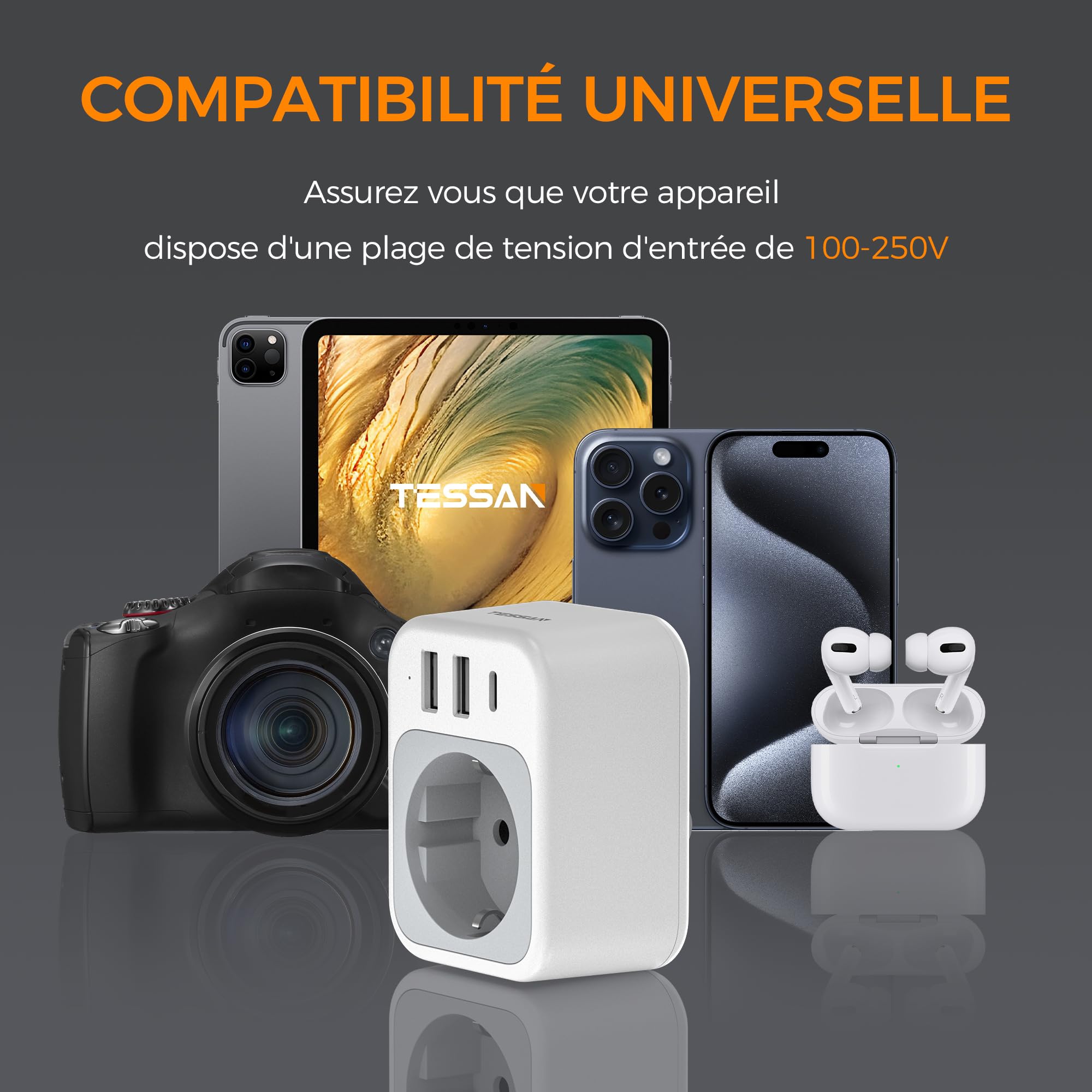 TESSAN Lot de 2 Adaptateur Prise USA, 4 en 1 Adaptateur Prise Americaine avec USB C et 2 USB A, Adapter Americaine 1875 W, Adapter France vers USA, Type B pour Thaïlande Canada Mexique