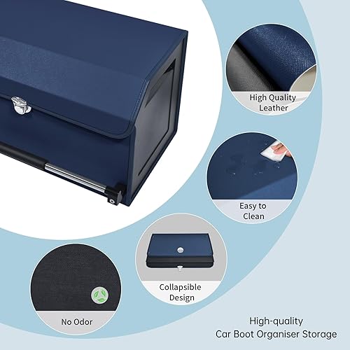Miniatura 7 de Organizador de maletero de automóvil, caja de almacenamiento de cuero para maletero de automóvil con tapa y asa de empuje para cajuela de automóvil