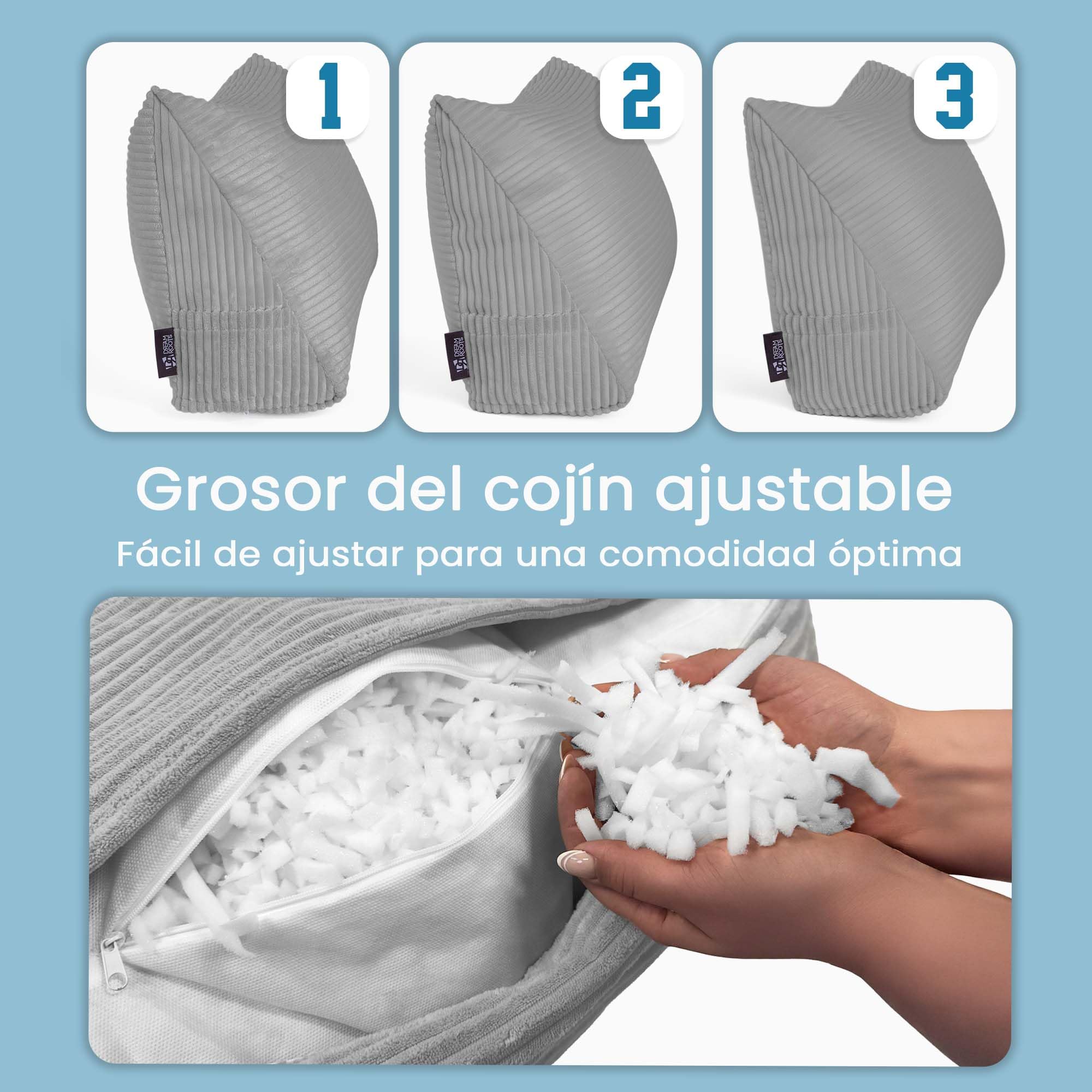 DreamRoots Cojín Respaldo para Sofá y Cama - Almohada de Lectura Triangular, 70x40x20 cm Pana 380 g/m², Funda Extraíble y Lavable, Bolsillo Lateral - Cojines Grandes Gris Oscuro