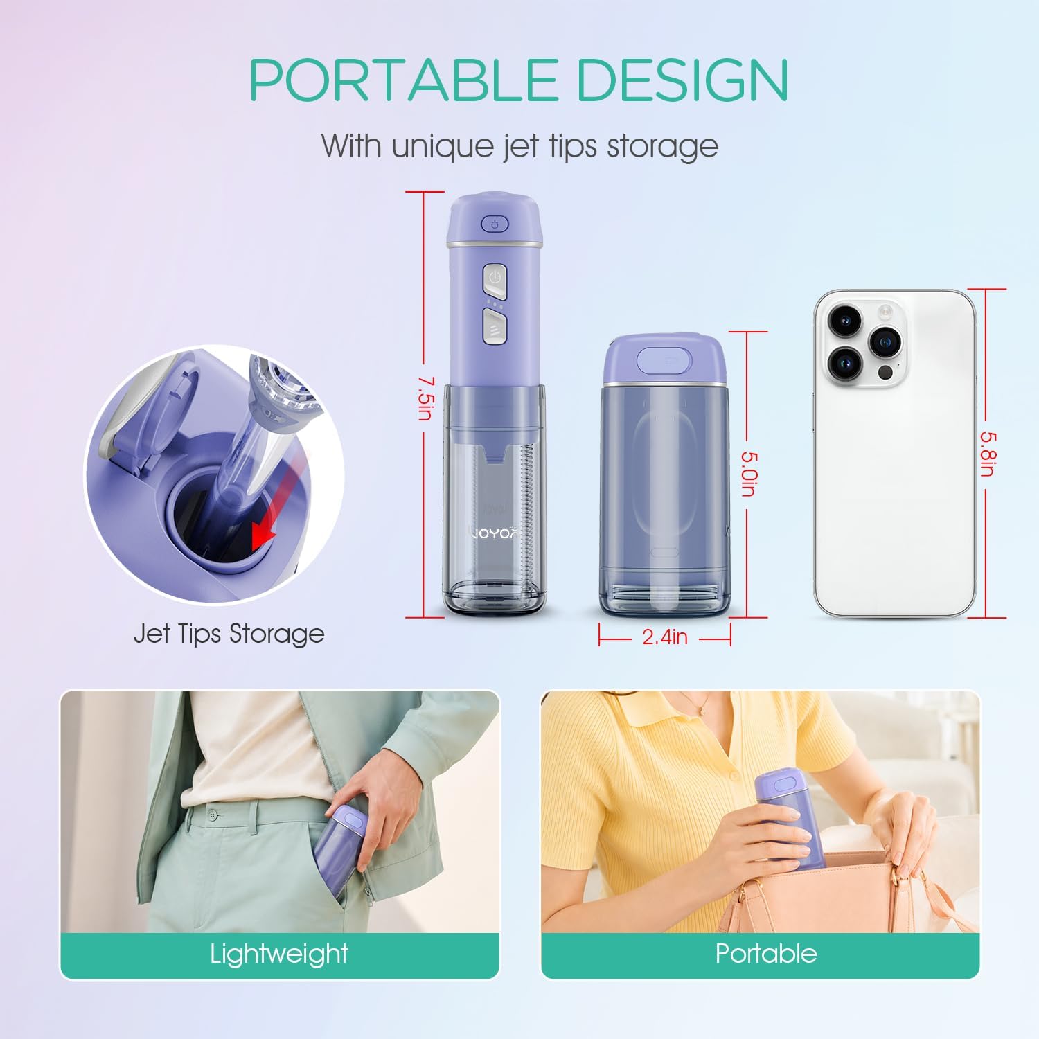 Portable Water Flosser Cordless, Mini Travel Oral Irrigator with Telescopic Water Tank, IPX7 Waterproof Water Dental Flosser for Teeth Cleaning Braces & Dental Care WF510 (Purple)