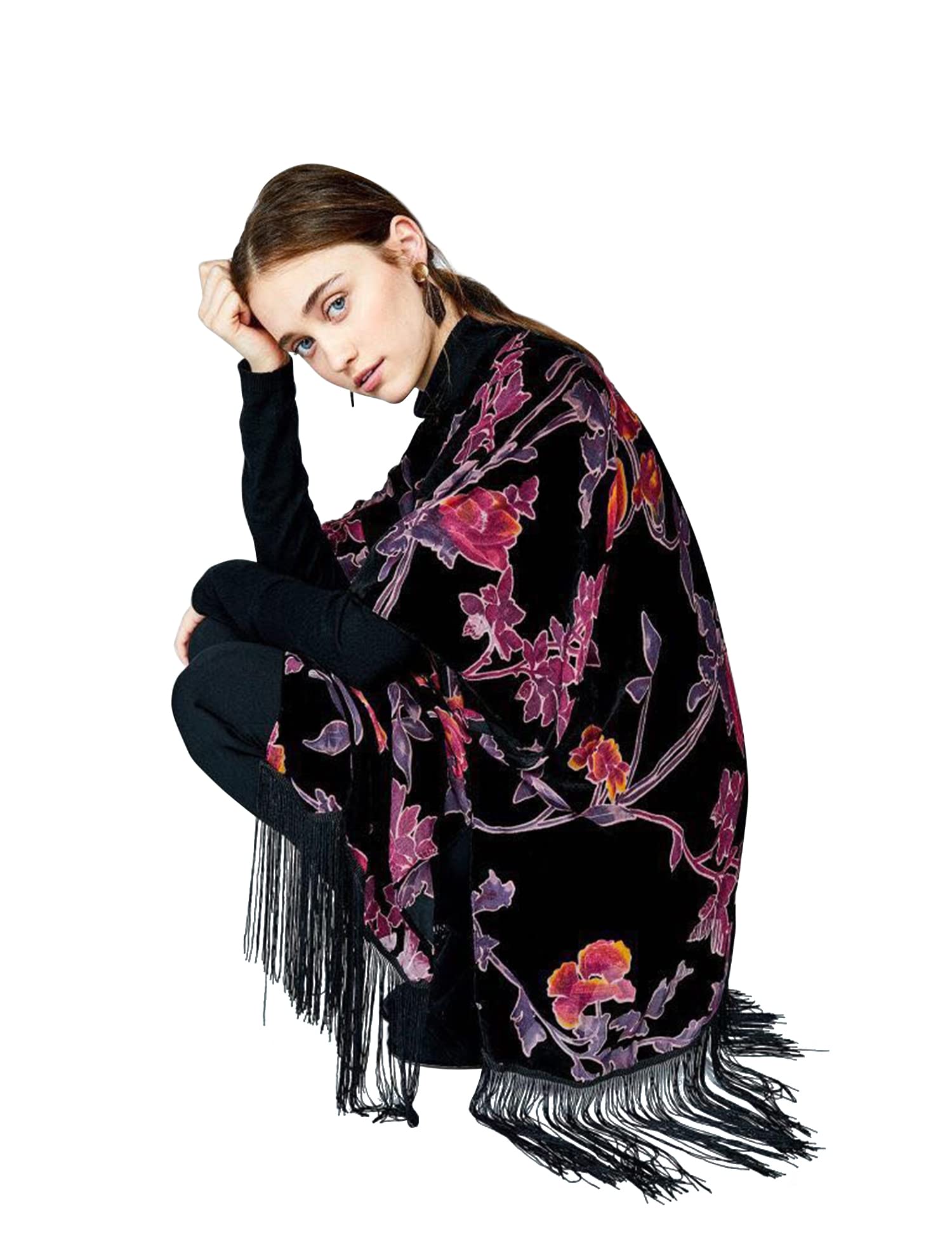 MJ SERECA Women's Burnout Velvet Kimono Cardigan Cover Up with Tassel, Jypj-4, One size