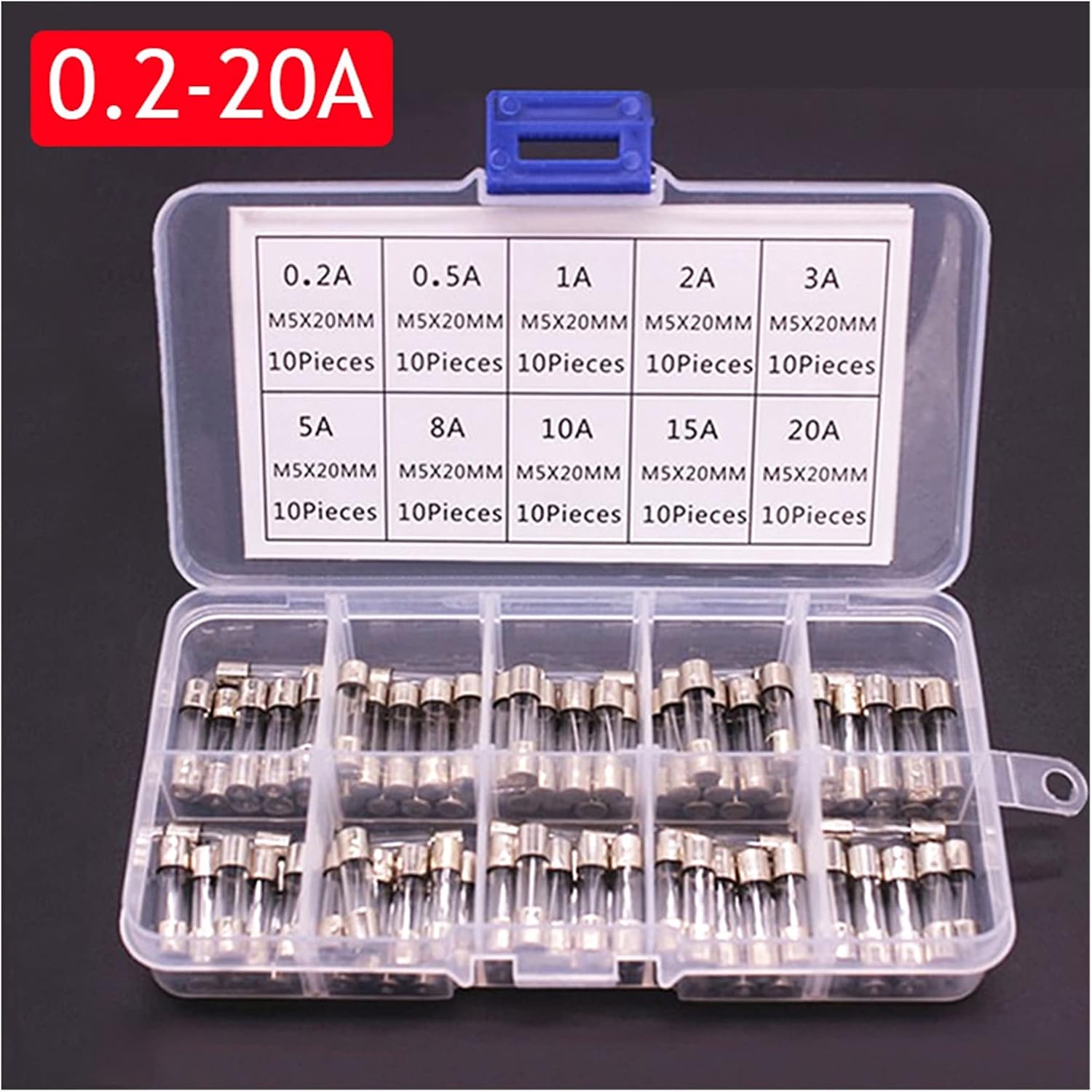 Car Fast-Blow Glass Fuses Car Glass Tube Fuses 0.2-20A 0.5-30A Assorted Kit for Car Light Inflator Vacuum Cleaner(0.2 20A)