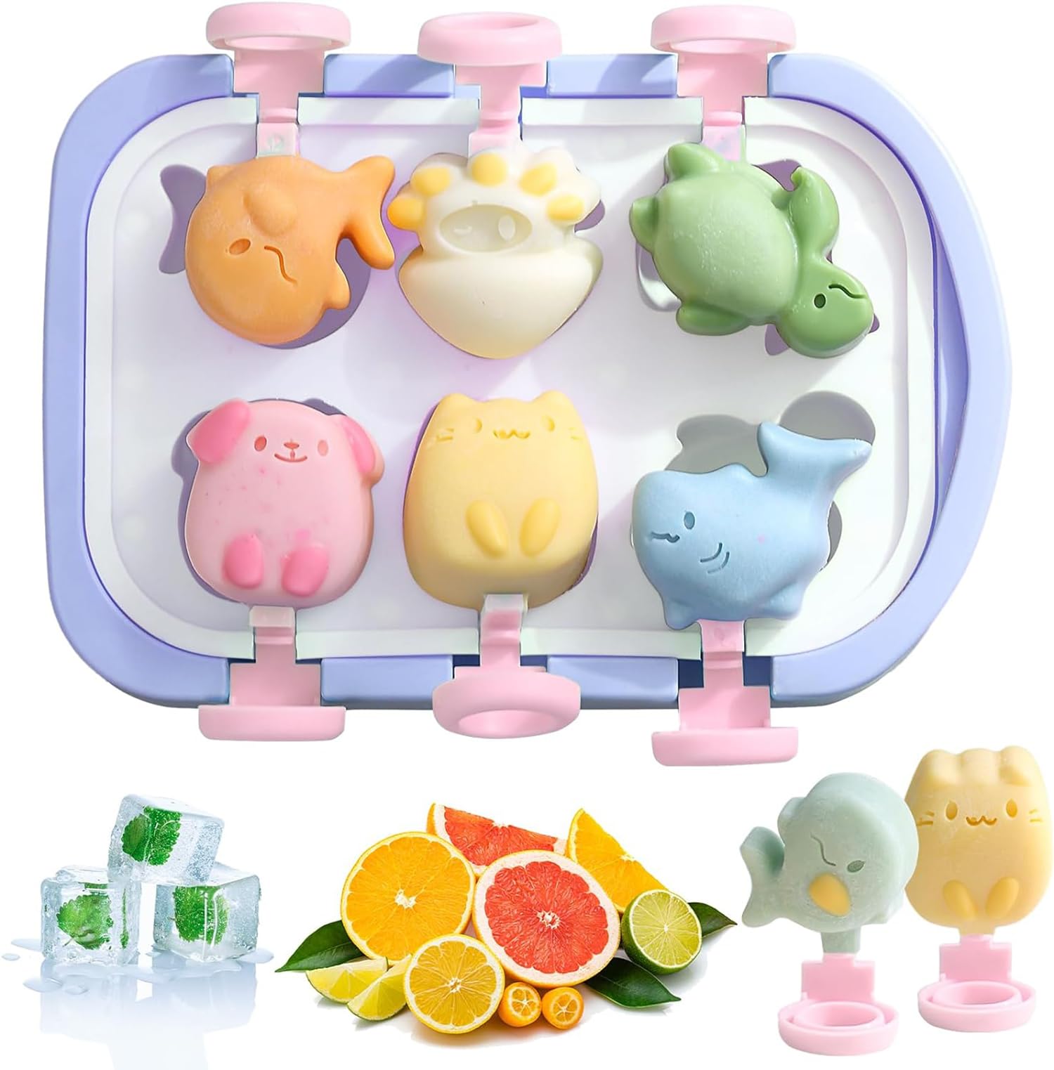 ExceforeBaby Ice Lolly Moulds, Silicone Ice Lolly Moulds with Sticks, 6 Piece Mini Ice Lolly Moulds BPA Free, Cute Animal Ice Cream Moulds for Baby & Kids, Reusable & Easy to Release