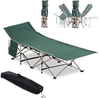 Outsunny Single Person Camping Bed Folding Cot Outdoor Patio Portable Military Sleeping Bed Travel Guest Leisure Fishing with Side Pocket and Carry Bag - Green