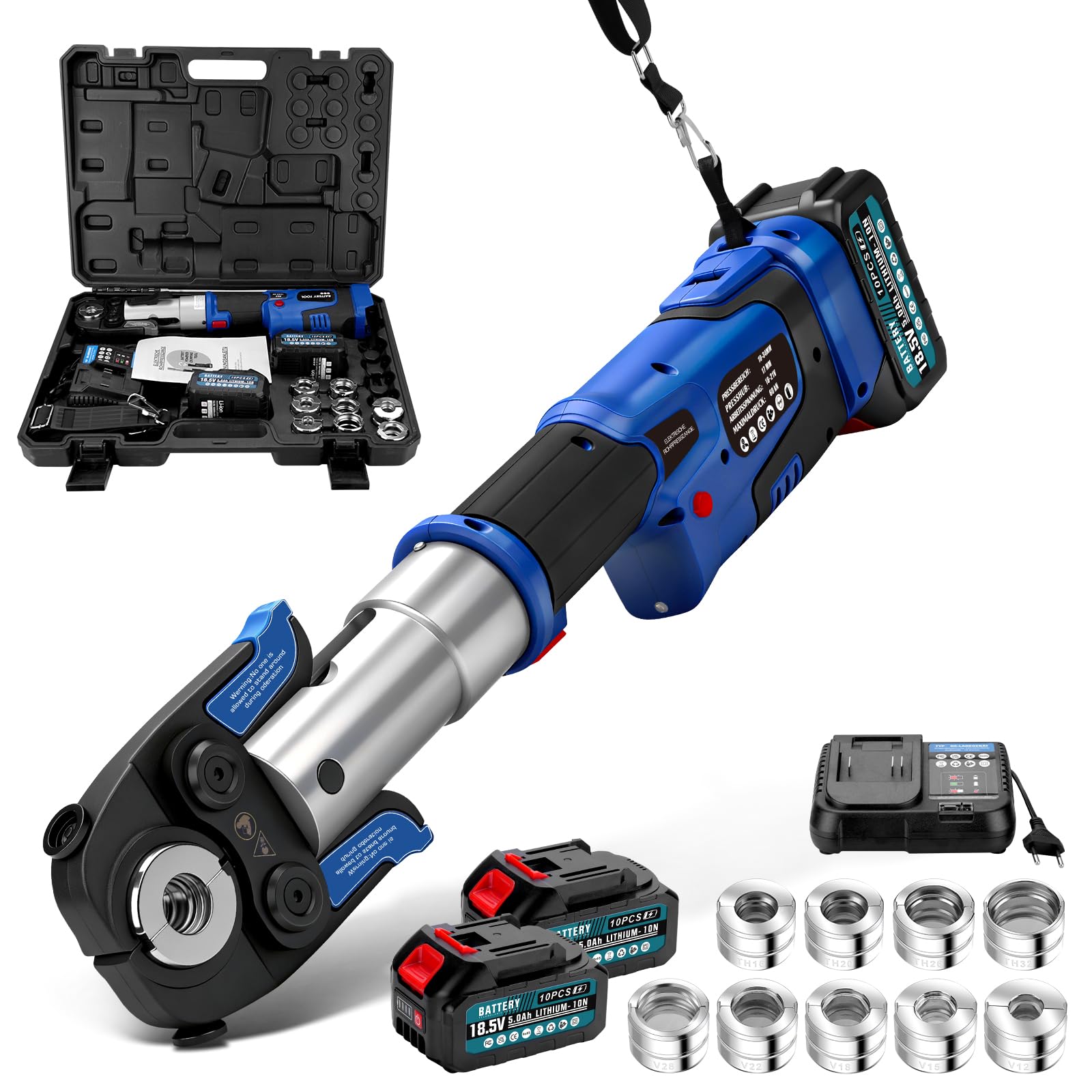 18V Offene Zange Akku Presszangen Set mit 2*Akkus und Schnellladegerät | Akku Rohrpresswerkzeug incl. CR V12 V15 V18 V22 V28 Und TH16 TH20 TH26 TH32 für Kupferrohr, Edelstahlrohr, Verbundrohr Blau