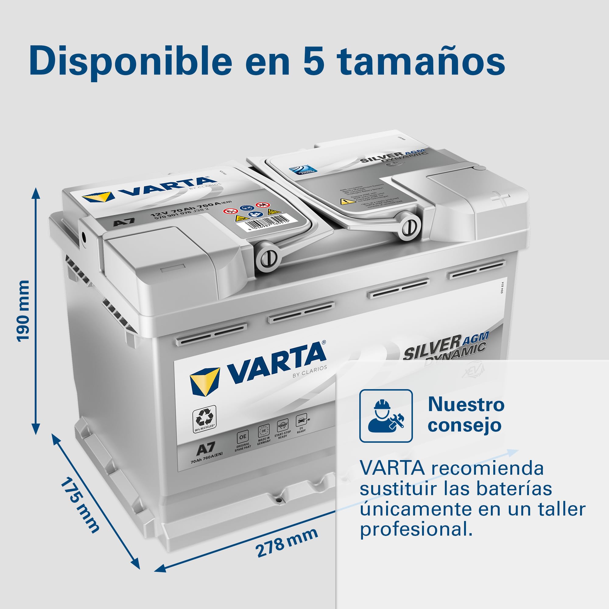VARTA Batería Silver Dynamic AGM A7 (E39) – Start-Stop y batería de coche xEV 12 V 70 Ah 760 A – Batería de arranque para coches con alto consumo de energía