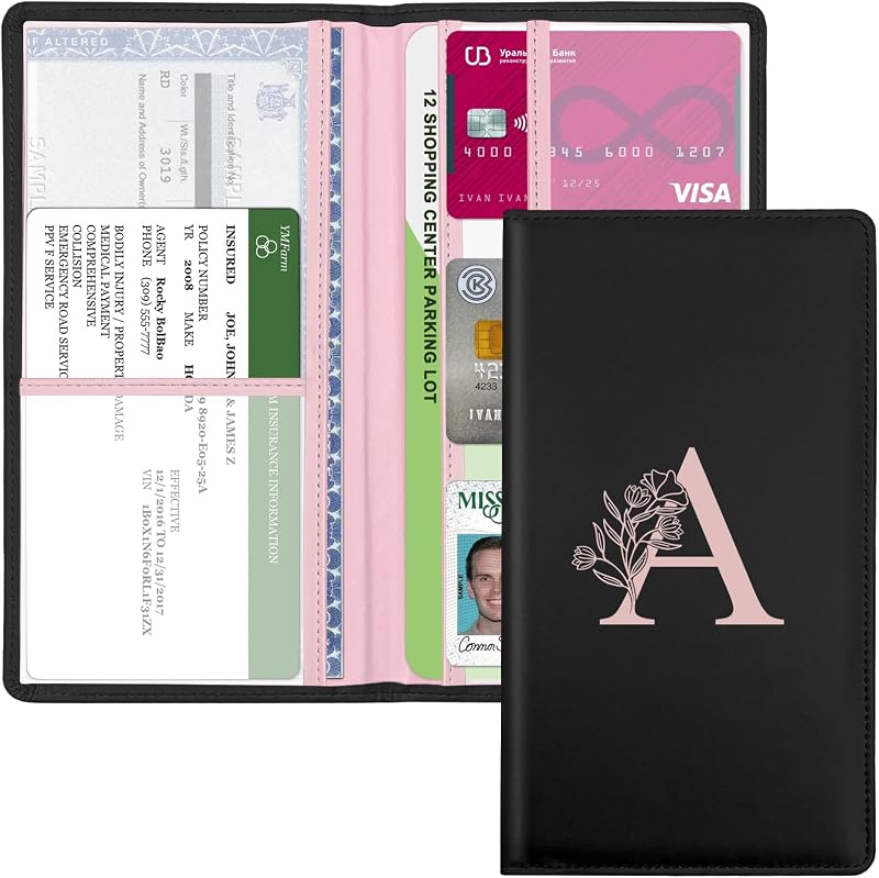 Letter Car Registration and Insurance Holder, with Magnetic Closure for License, Cards and Documents,Vehicle Glove Box Car Organizer, Interior Car Accessories for Women Men (A)