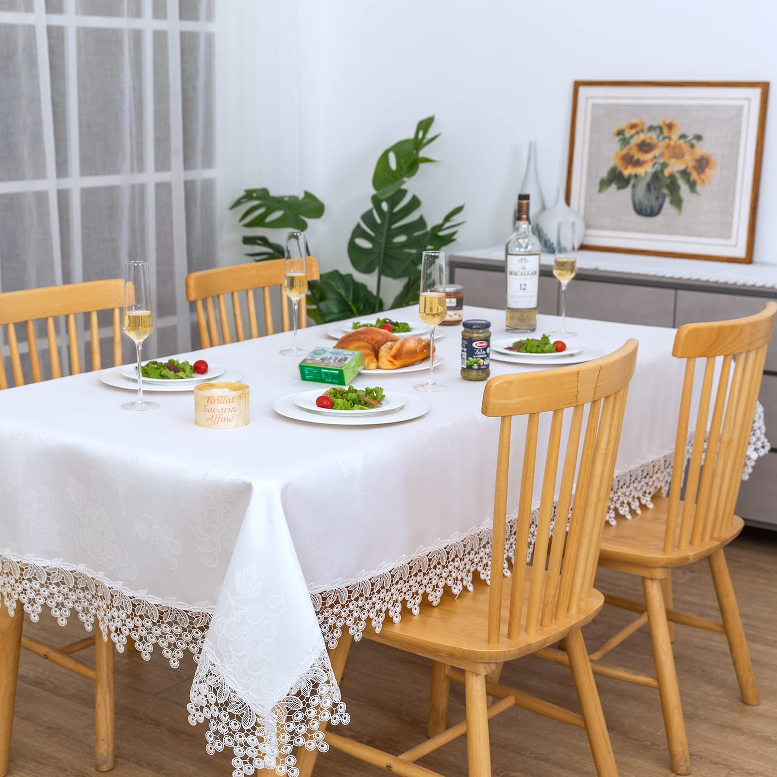 Weißer Spitzen-Tischläufer, rechteckig, wasserdicht, öldicht, auslaufsicher, schrumpffrei, weich, knitterfrei, dekorativer Stoff, Tischdecke, Küche, Esszimmer, Party, Hochzeitsbankett