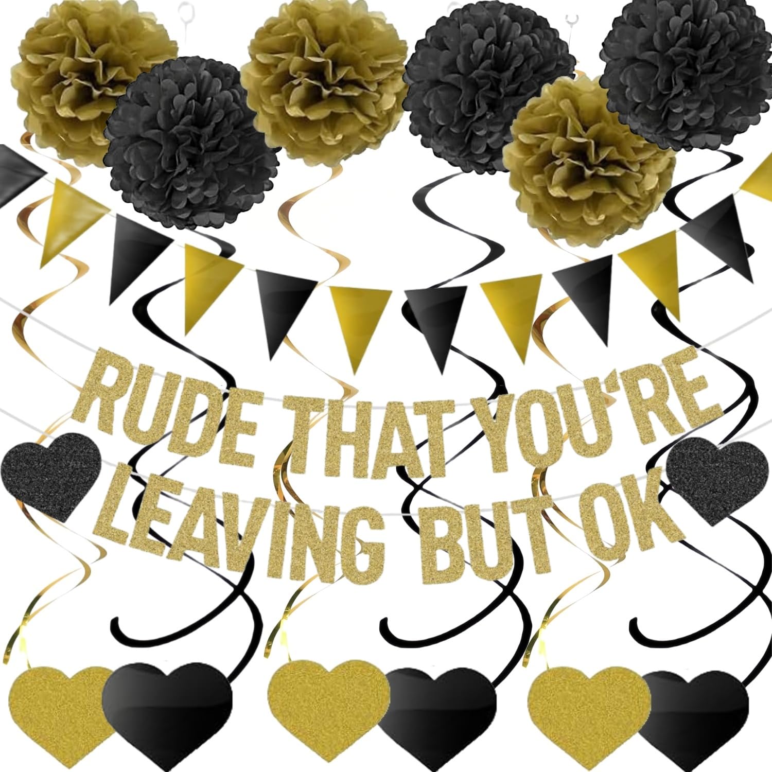 Rude That You're Leaving But OK Banner Funny Retirement Party Decoration Supplies Glitter Hanging Garland Pompoms Bunting Office Home Photobooth