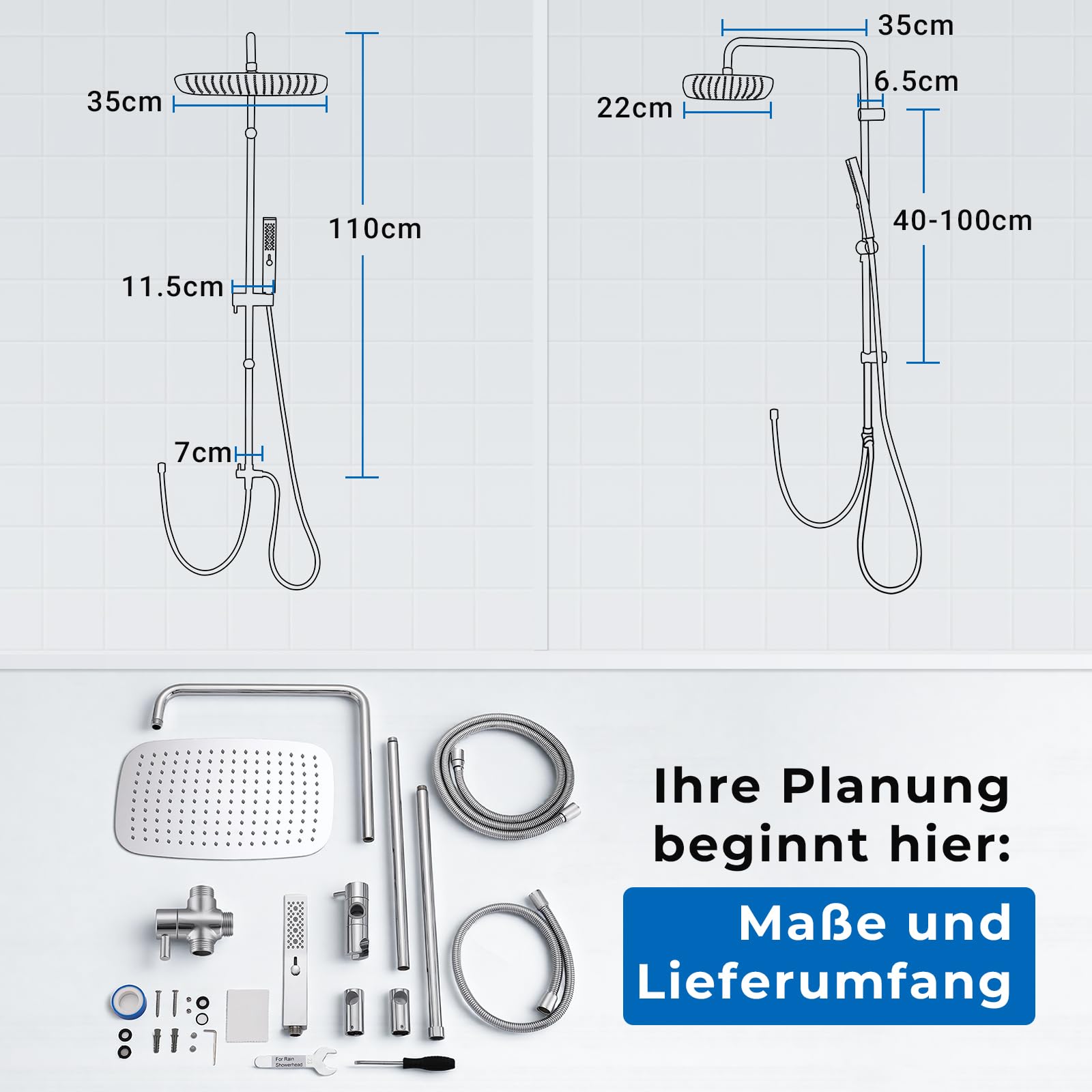 Ganzmetall-Duschsystem mit 35 cm Regendusche | 2-Strahl-Handbrause mit Power-Strahl, an vorhandene Bohrlöcher anpassbar, korrosionsbeständig, ohne Armatur, Chrom