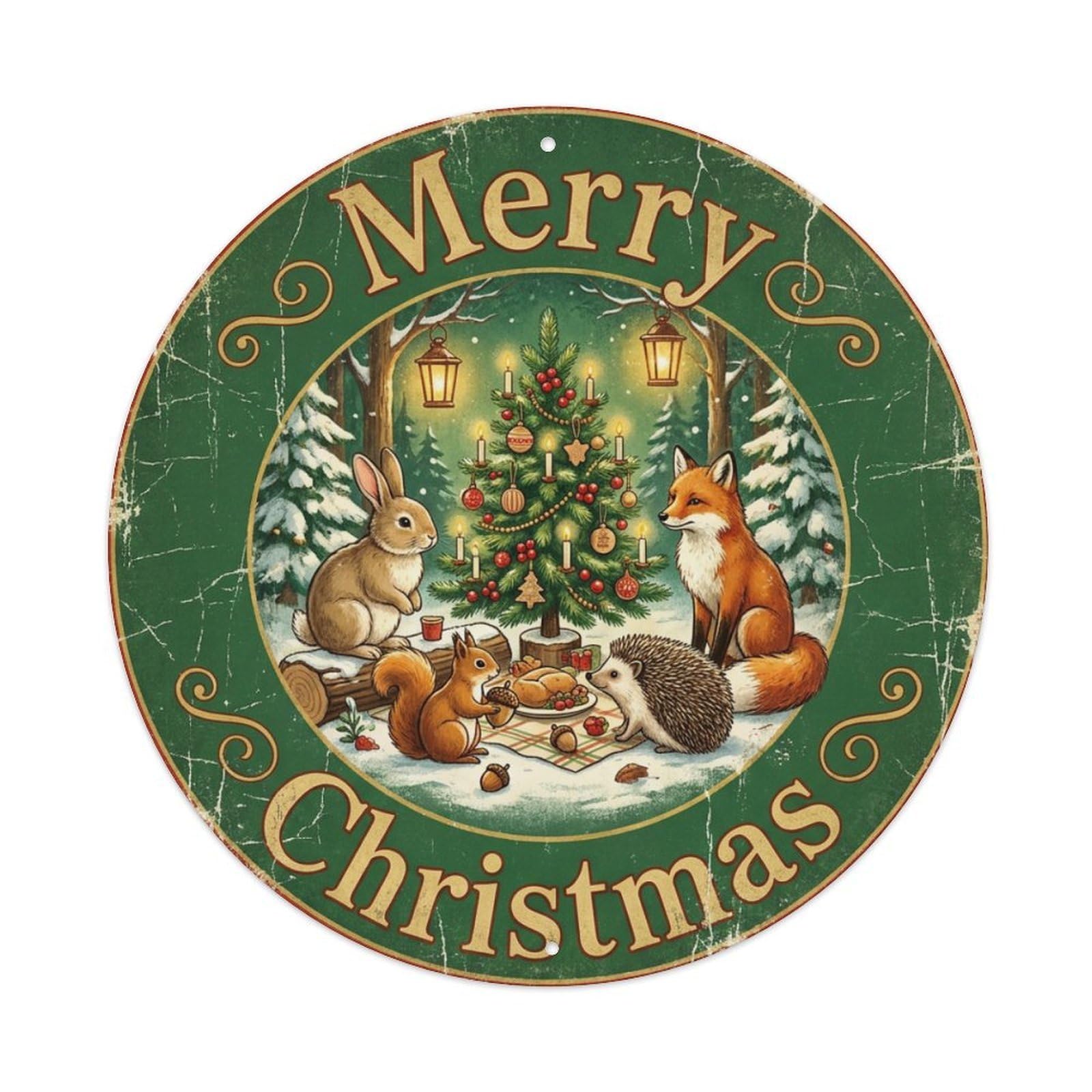Merry Christmas Woodland Critter Feast Metal Tin Sign