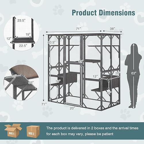 Miniatura 3 de PETSITE Casa grande de madera para gatos, 71 pulgadas de alto para exteriores con techo de asfalto resistente a la intemperie, condominio de perrera