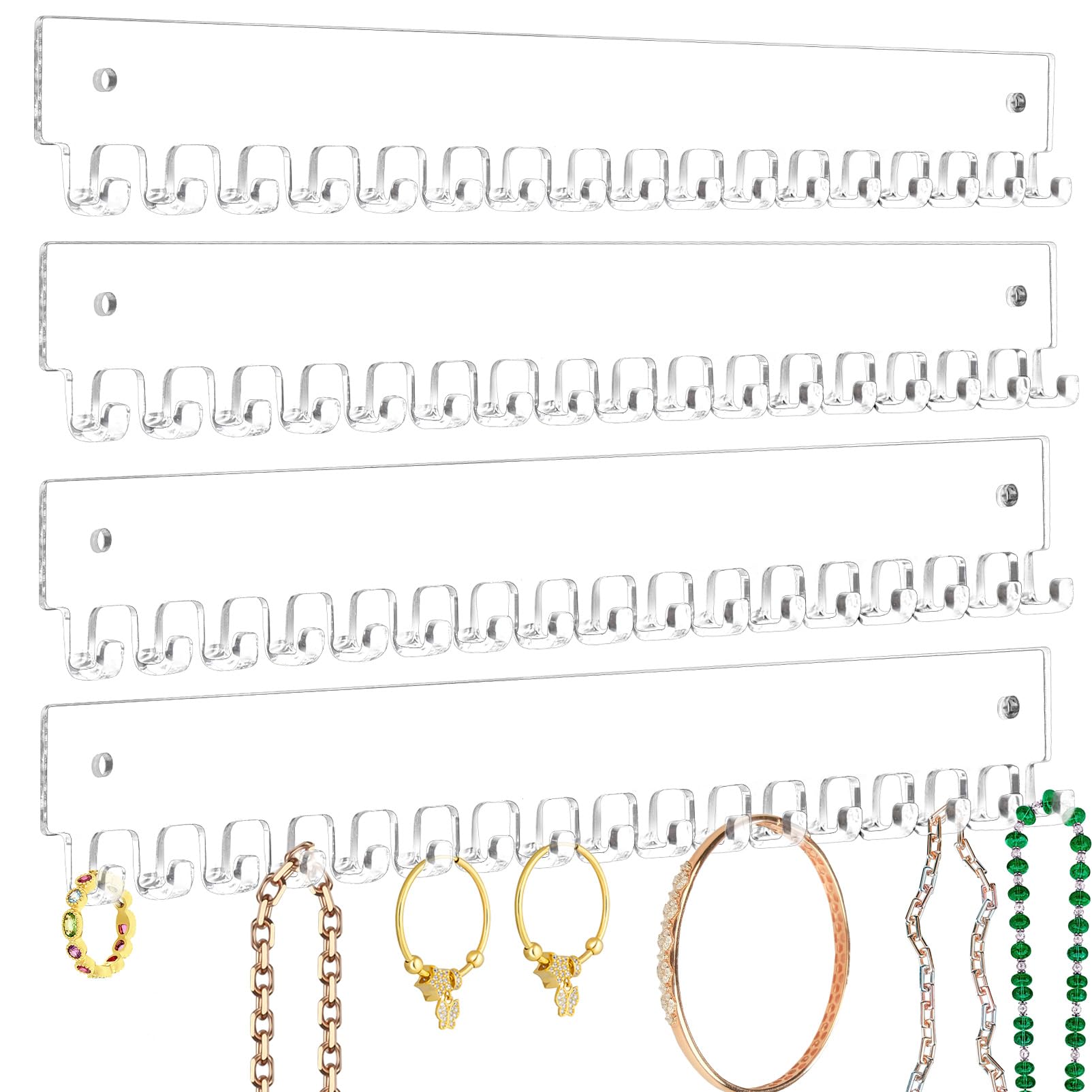 Photo 1 of milylove Acrylic Necklace Holder 4 Pack Wall Mounted Necklace Organizer Hanging Jewelry Organizer with 17 Hooks for Necklaces, Bracelets, Rings and Bangles Display (14.17 inch)