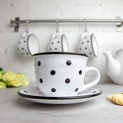 Miniatura 2 de City to Cottage Taza y platillo de café capuchino de cerámica grande de lunares blancos y negros hechos a mano de 12 onzas / 11.8 fl oz, regalo de