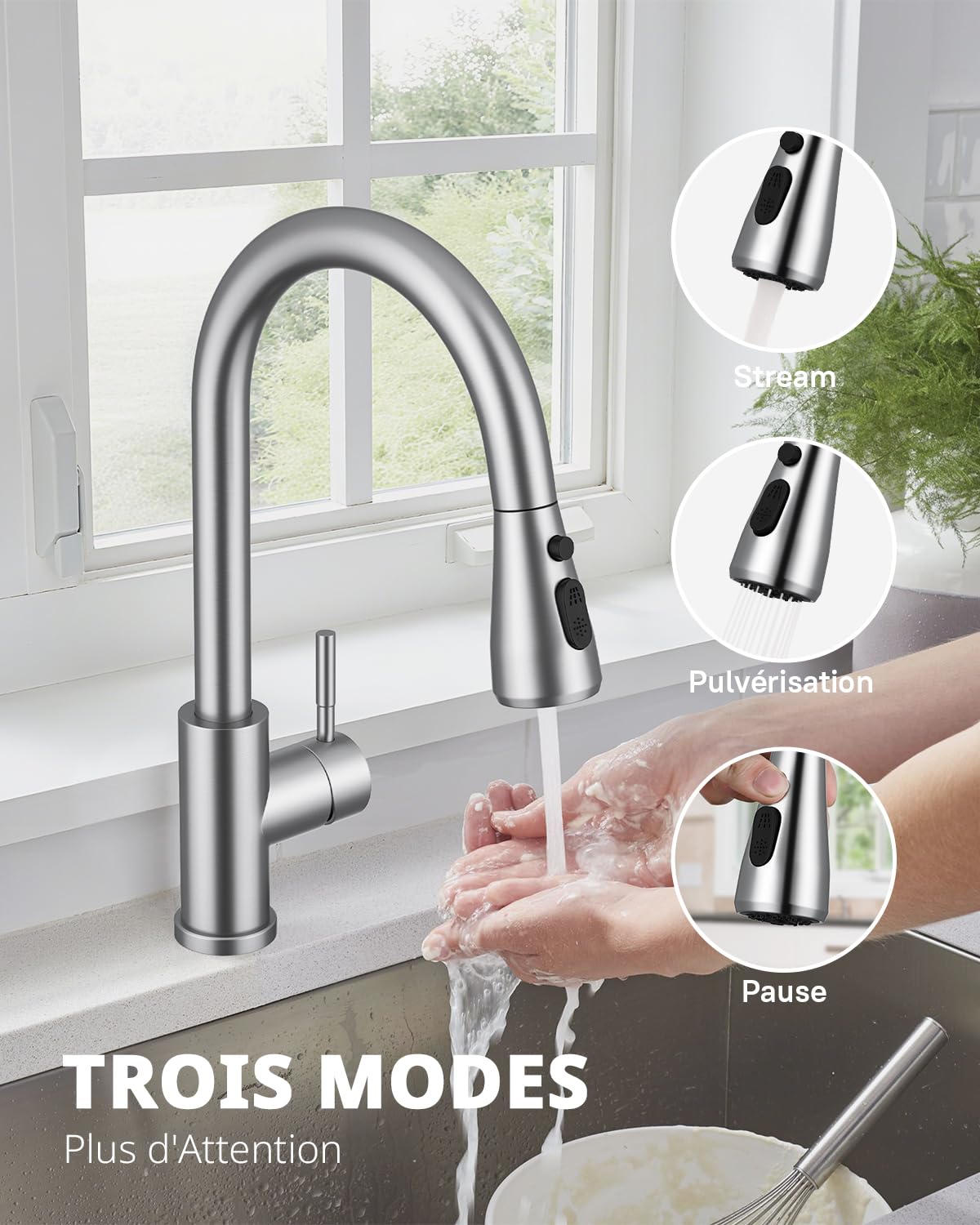 Hiqufet Robinets de Cuisine, Robinet Mitigeur Évier avec Pivotant 360° et Bec Extractible, Robinet Évier Haute Arche à Une Seule Manette en Acier Inoxydable, Nickel Brossé