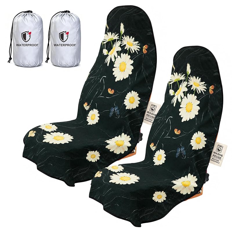 Capa de Banco Automotivo em Microfibra Impermeável e Lavável TESFEEL Black Daisy para Banco Dianteiro, Kit com 2