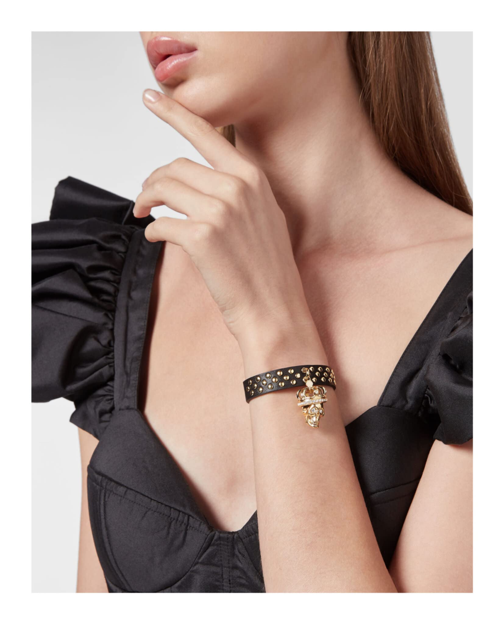 Philipp Plein Bracciale da donna in pelle in acciaio inox IP oro SKULL CROWN PJ4AA07BU