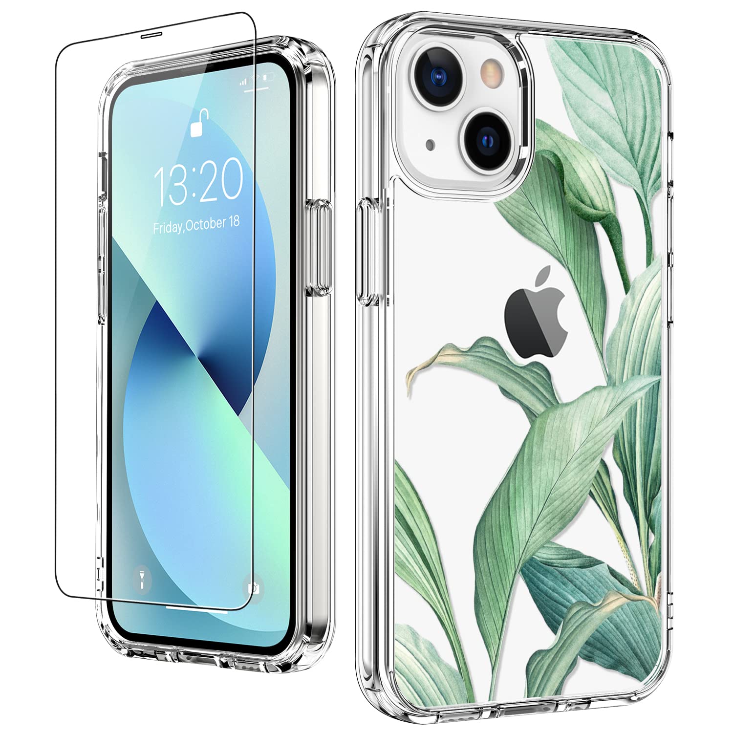 LUHOURI iPhone 13 Case with Screen Protector,Clear Acrylic Cover with Fashion Cute Designs for Women Girls,Slim Fit Durable Protective Phone Case for iPhone 13 6.1" Unique Tropical Leaves