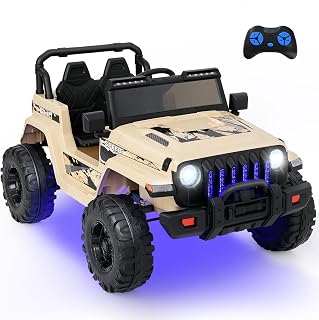 INFANS Ride on Truck Car, 12V Battery Powered Electric Vehicles with Parents Remote Control, 3 Speeds, Bluetooth Music Radio, LED Lights, Soft Start, 4 Wheels for Boys Girls Kids Toddler (Khaki)