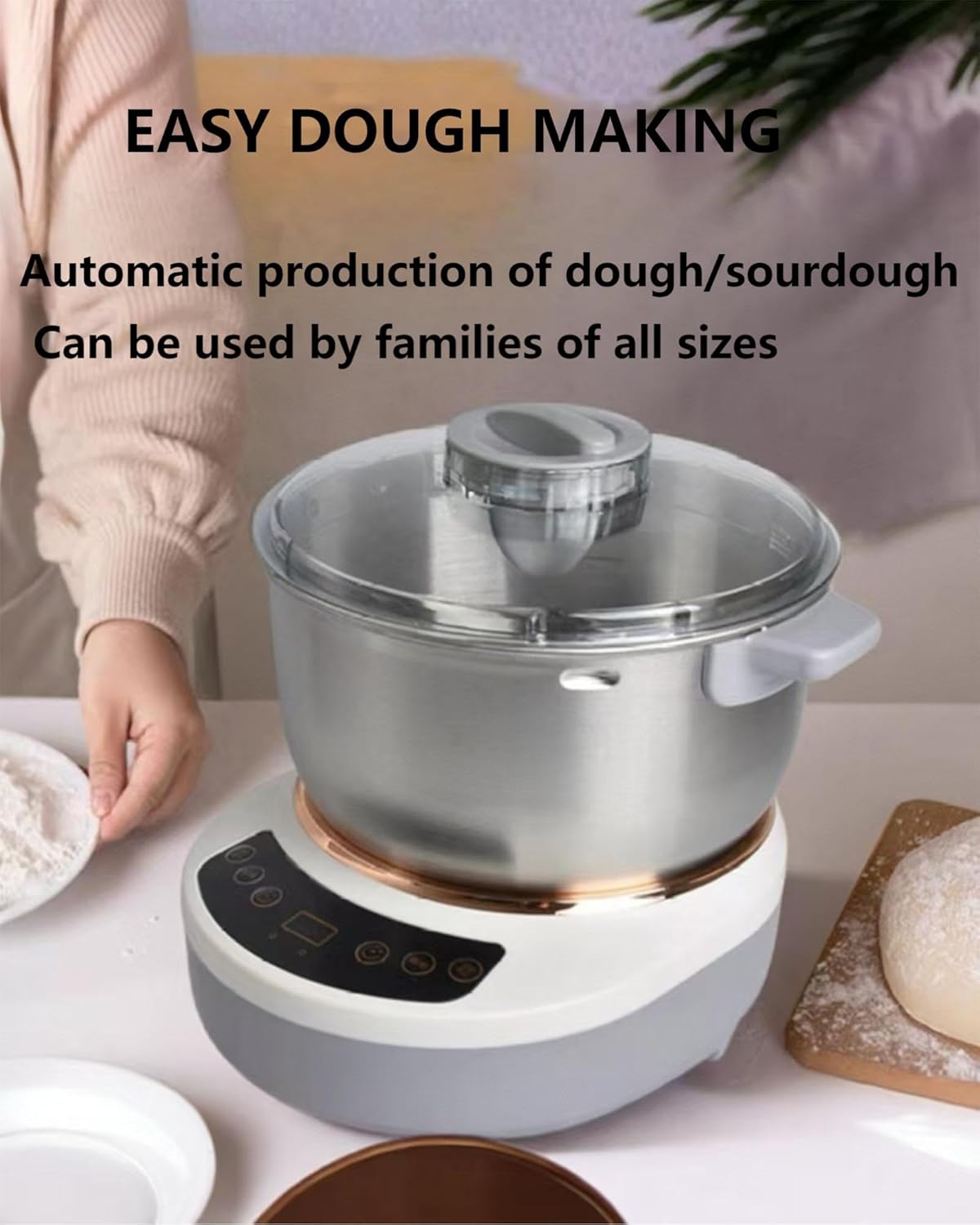 Electric Dough Machine With Fermentation Function, Microcomputer Timing, Front Touch Panel, 6.3qt(7L), 304 Stainless Steel, Used For Bread, Pizza, Pancake, Dumpling Dough And Sourdough
