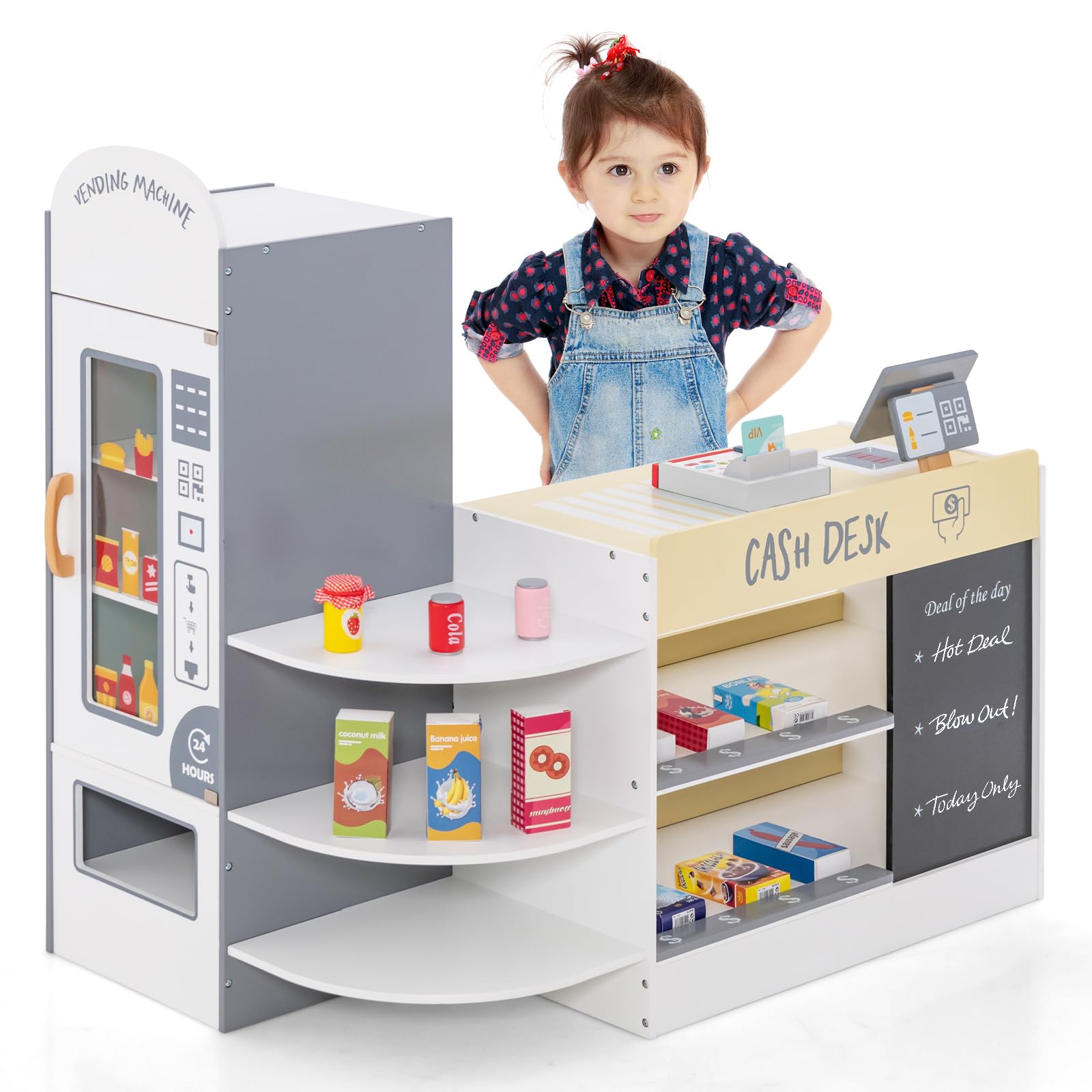 GOPLUS Tienda De Comestibles para Niños, Juego De Supermercado De Madera para Niños con Pizarra, Caja Registradora, Máquina Expendedora, Accesorios, para Niños A Partir De 3 Años (Blanco)