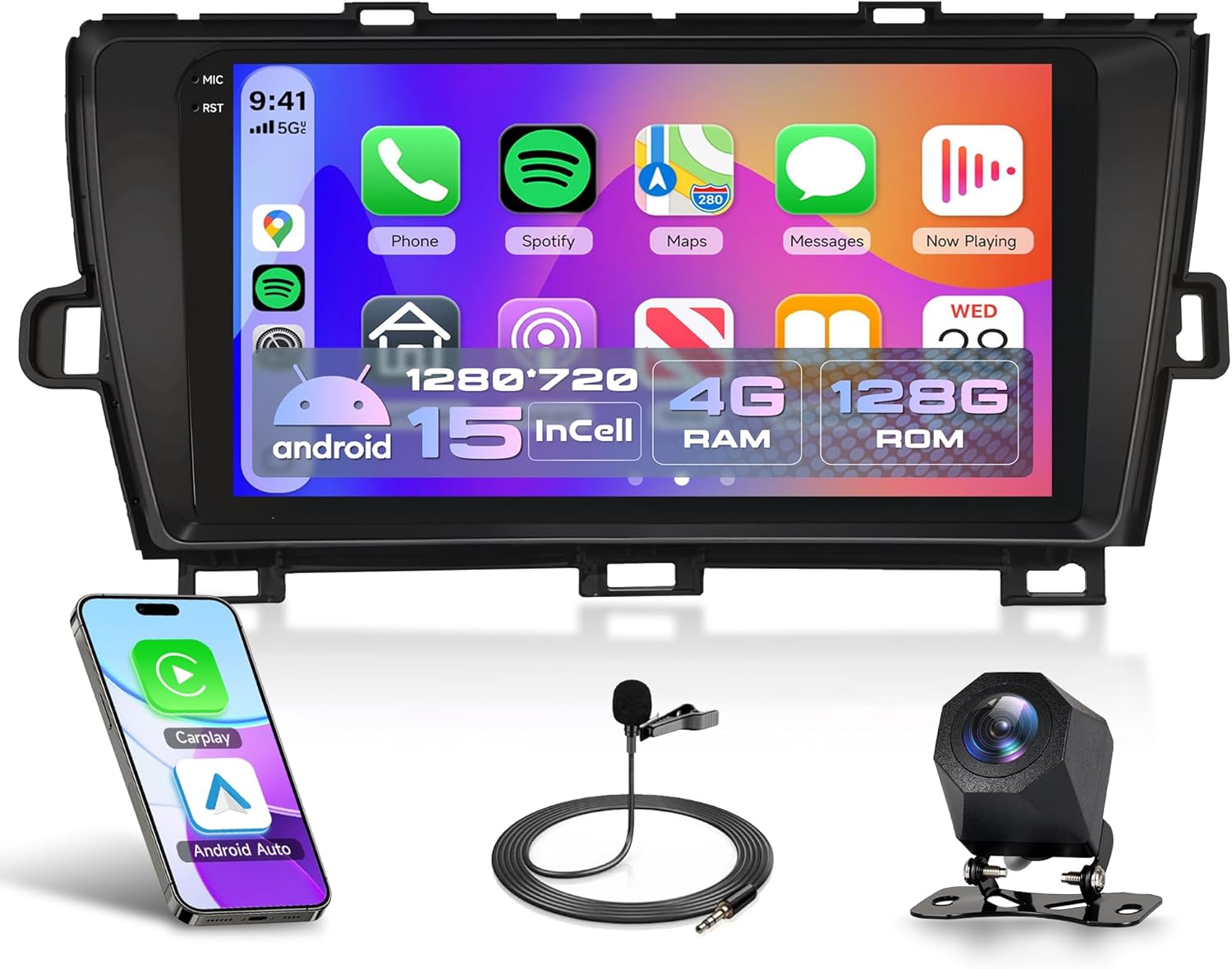 4Core 4G+128G Android 15 Car Stereo Radio for Toyota Prius 2010-2015, Rimoody Wireless Carplay Android Auto GPS WiFi Mirror Link 9 Inch Touchscreen EQ Bluetooth FM/RDS EQ + Backup Camera