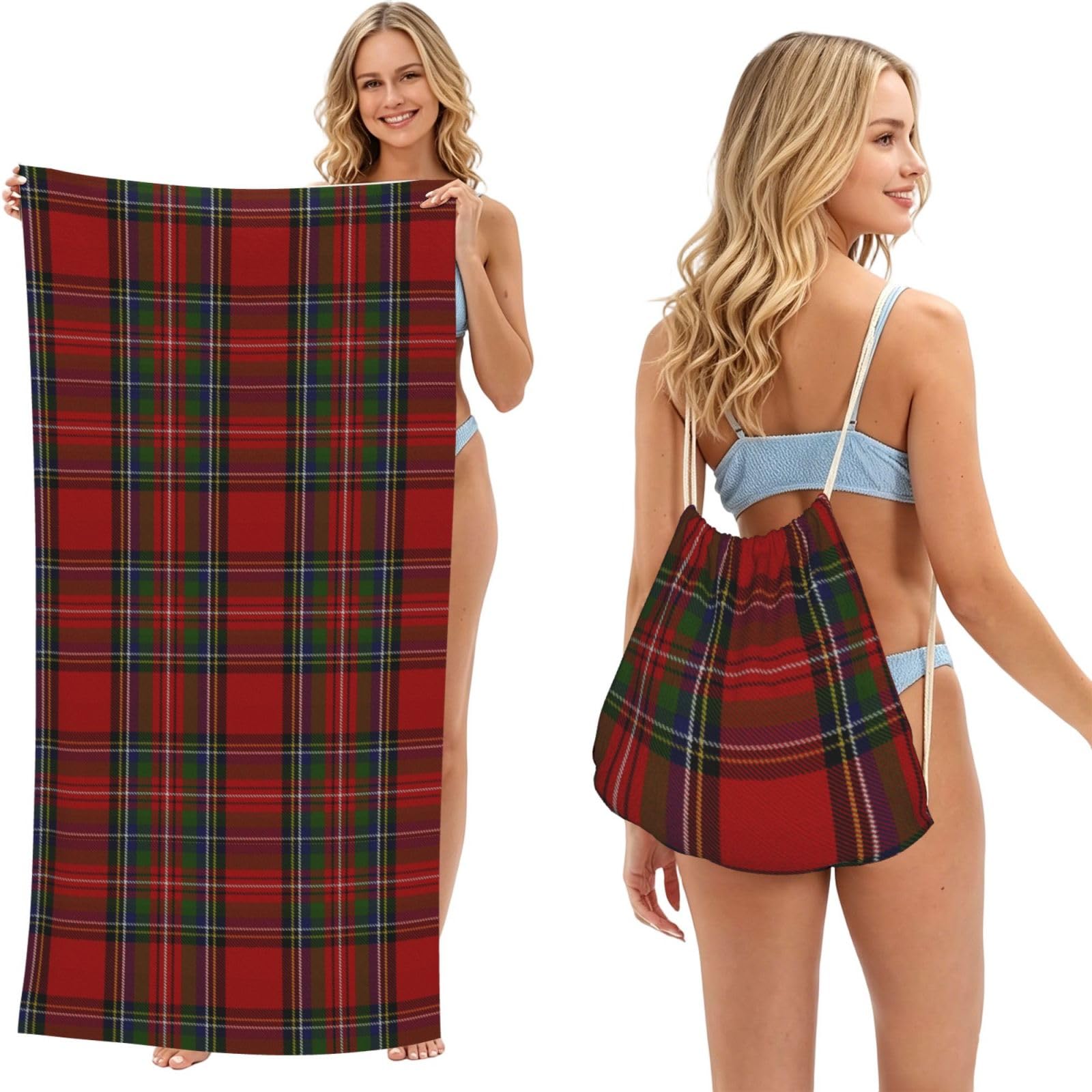 Poadnly Stewart Tartan Plaid, 2 in 1 Packable Towel Bag, Beach Towels with Drawstring Backpack for Travel Holiday Camping