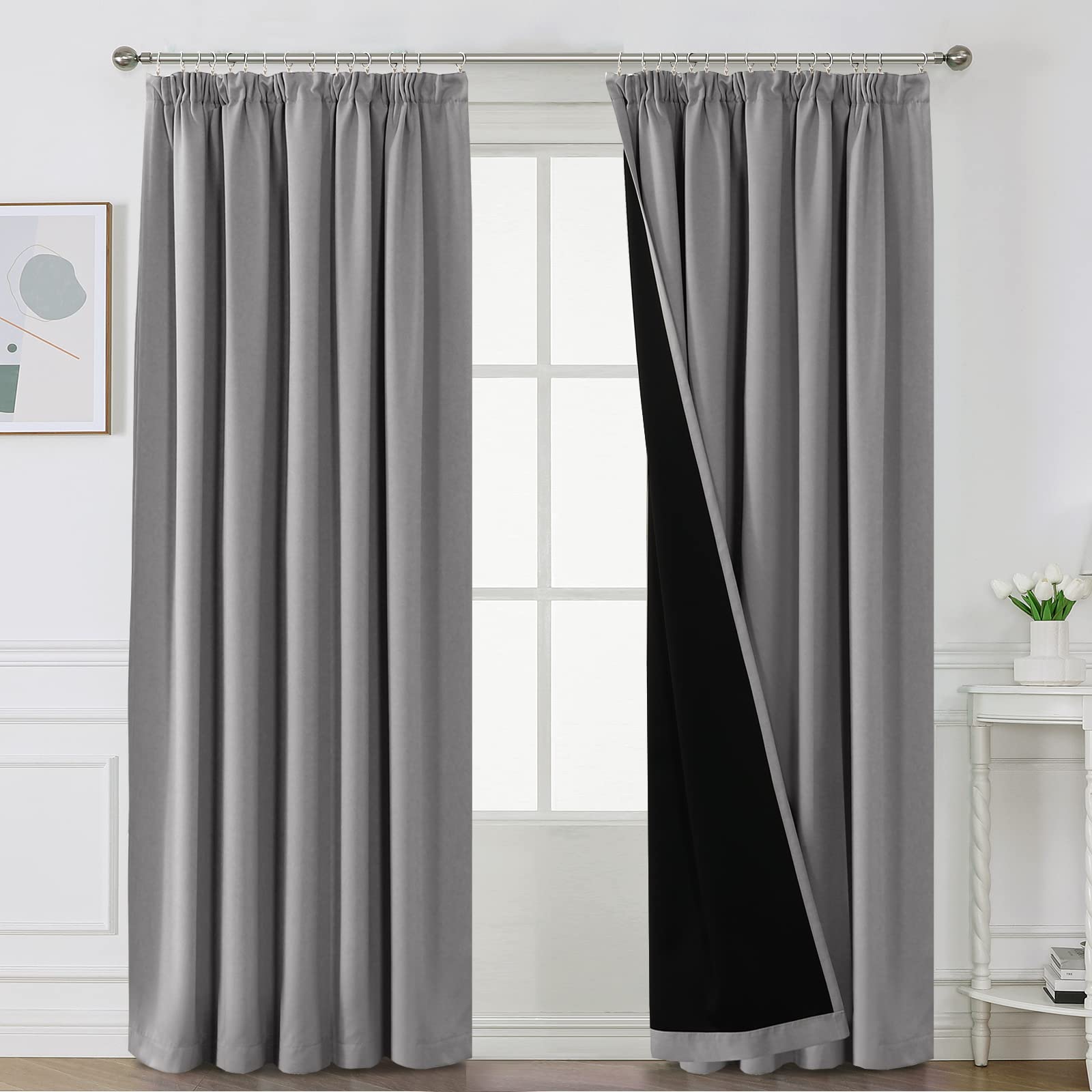 Bellahills Dove Grey 100% Blackout Curtains For Bedroom Thermal Insulated Curtains & Drapes Blackout Curtains Pencil Pleat Curtains For Living Room With Black Liner 2 Panels, 90 X 90 Inch,