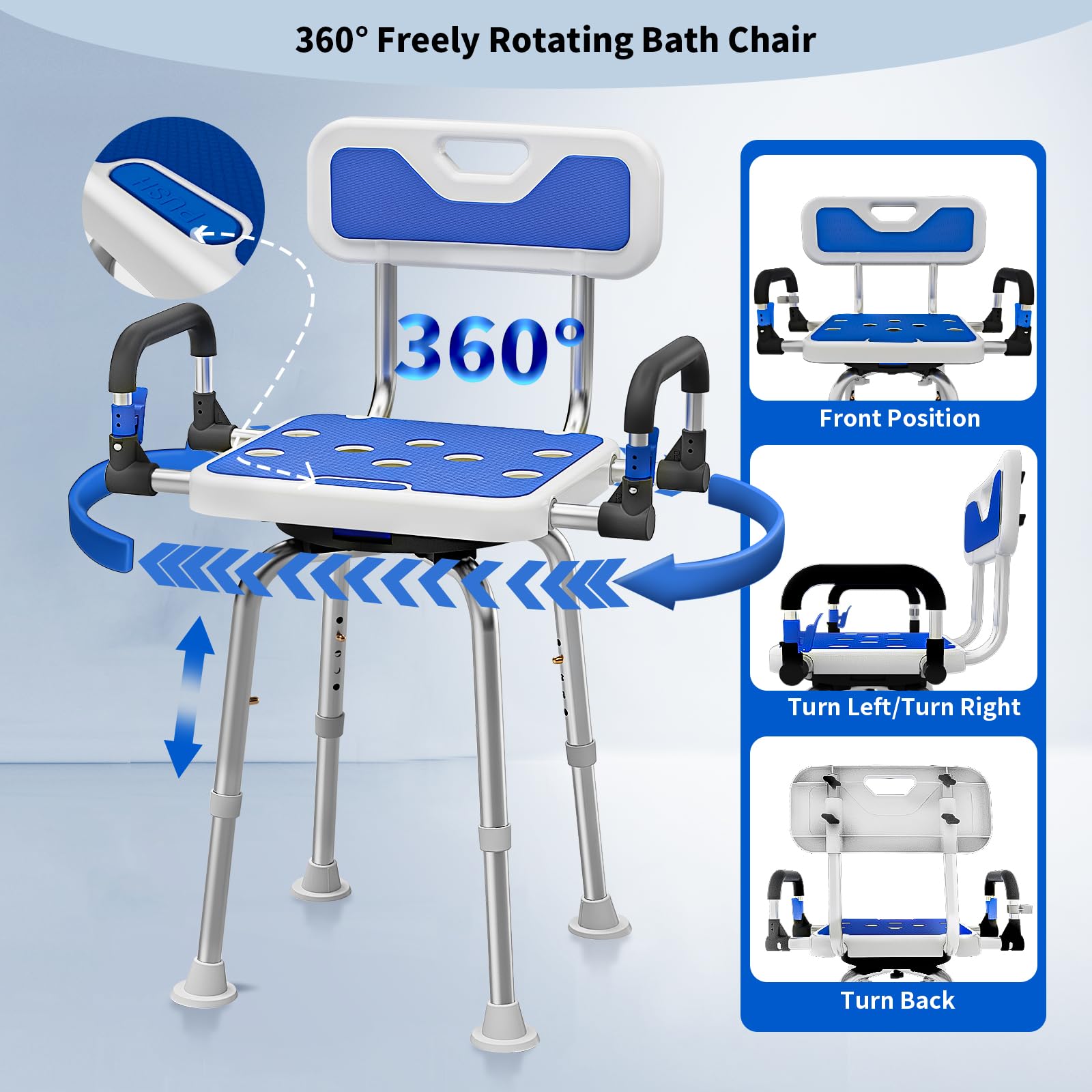 Silla de ducha giratoria resistente de 500 libras para personas mayores, ancianos, discapacitados o adultos bariátricos con brazos y asiento trasero para ducha interior y asiento de bañera de baño,