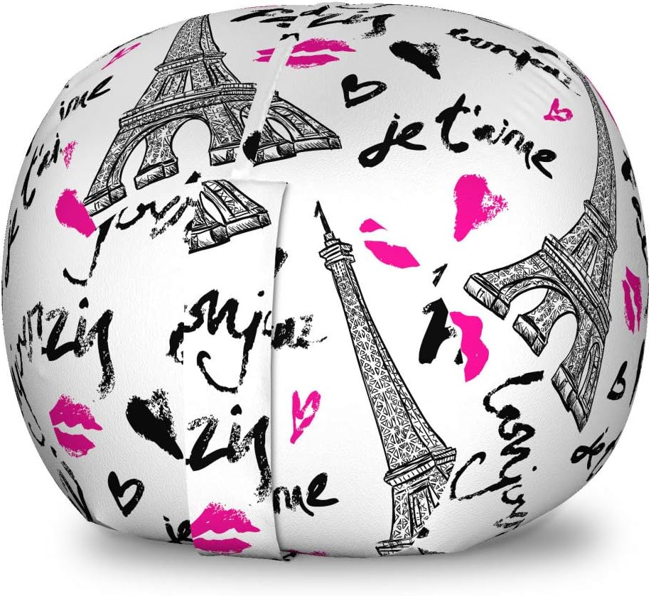 Ambesonne Paris Storage Toy Bag Chair, Eiffel Tower Lipstick Kiss Heart Shape Words Love Touristic Architecture, Stuffed Animal Organizer Washable Bag, Small Size, White Black