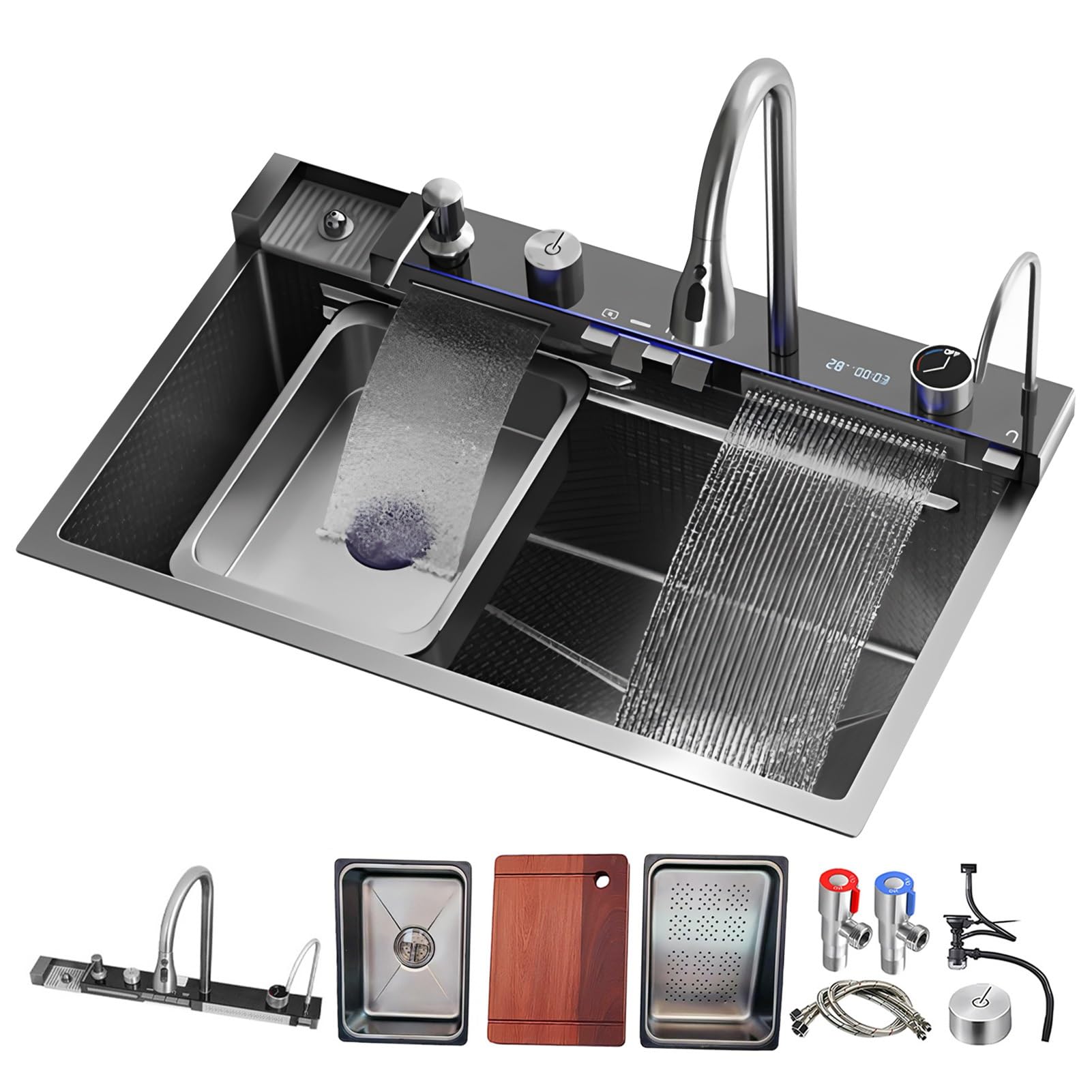 HYSOPSPX Stainless Steel Multifunctional Waterfall Kitchen Sink, Temperature Display, Large Single Bowl Workstation Bar Sink with,Topmount,with Various Accessories(Black,75x46x22cm)