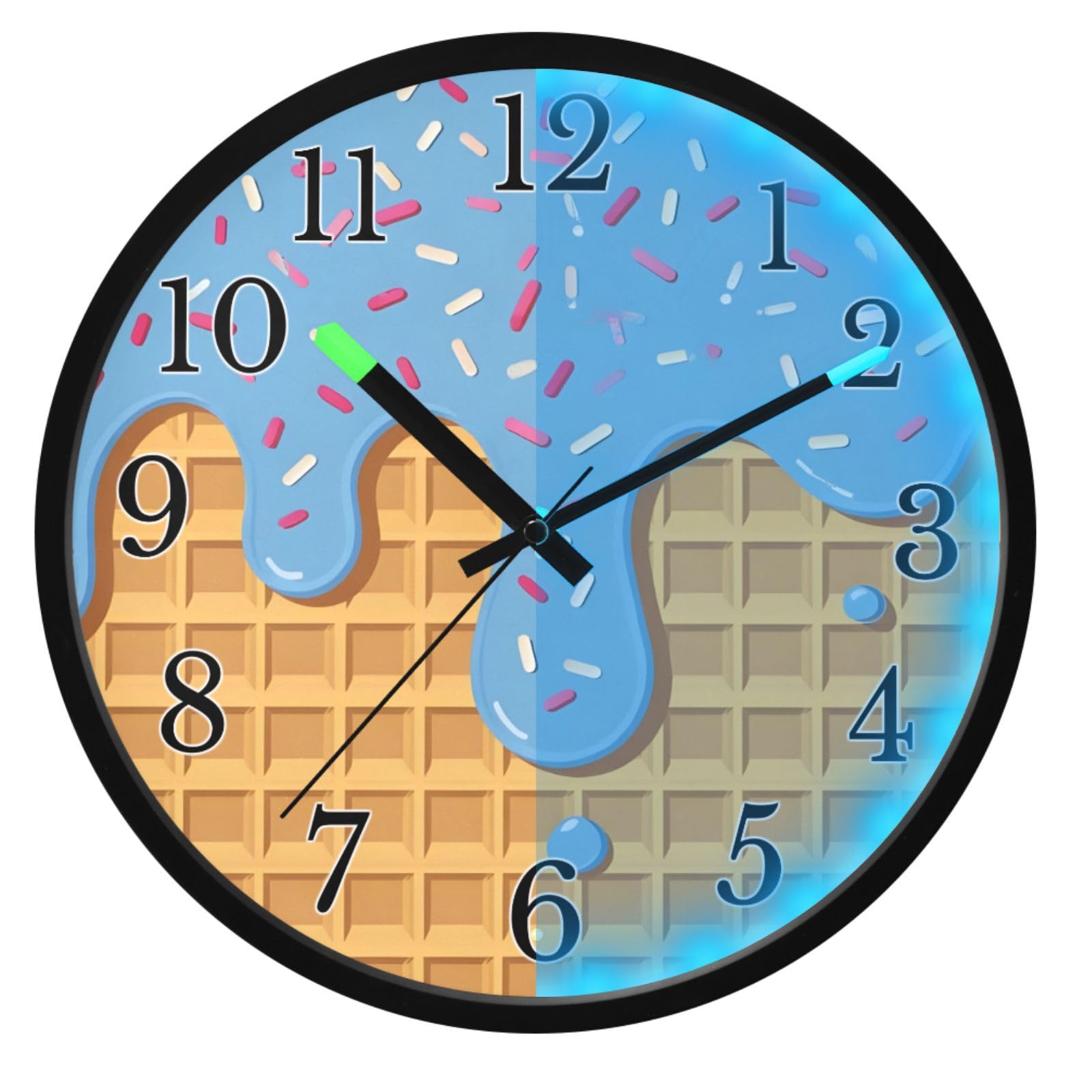 Mnsruu Reloj de pared luminoso, reloj de pared azul con goteo de helado, reloj de pared que brilla en la oscuridad, funciona con pilas, reloj silencioso de 30,5 cm con luz nocturna para dormitorio