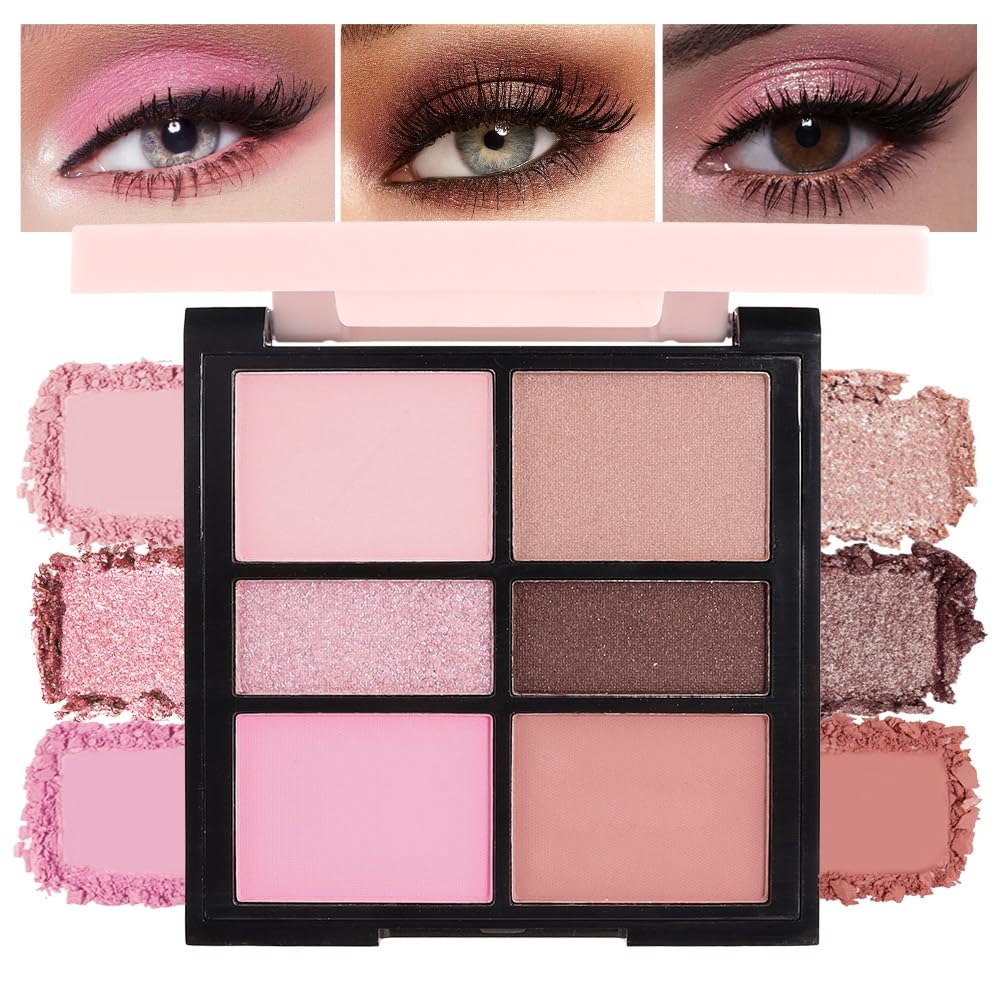 6-Color Eyeshadow Palette Makeup,Velvety Matte & Shimmer Eyeshadow Blend,Pink Brown Shades Eye Makeup, Smooth & Blendable, Long-Lasting Naturing-Looking,Built-In Mirror #01
