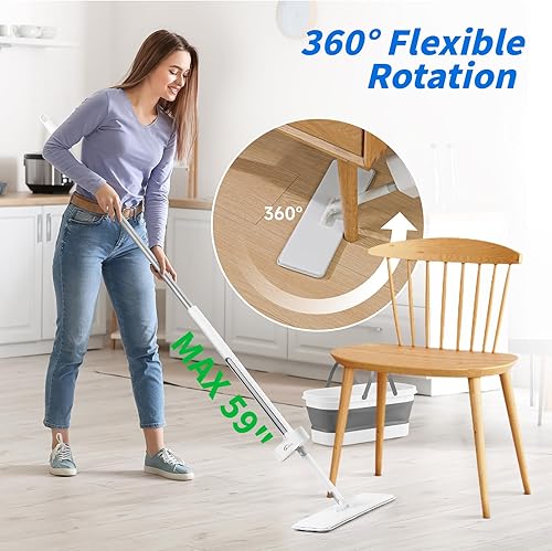 Miniatura 3 de Oshang Trapeador plano y cubo plegable OG7 con ruedas, 2 almohadillas de microfibra lavables reutilizables, color blanco puro