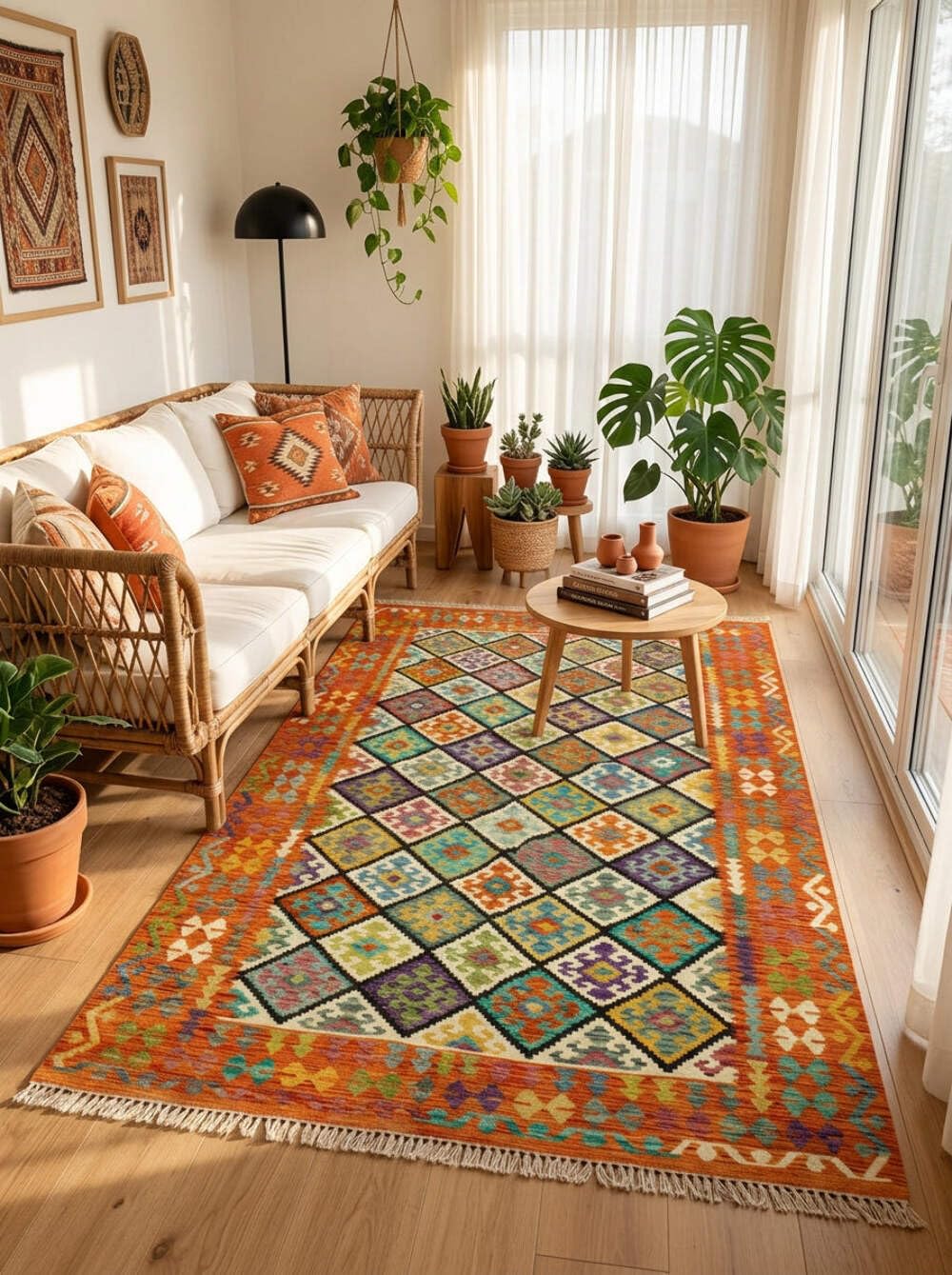 Tapis Kilim 100 % laine 300 x 200 cm fait à la main une pièce unique Herat Boho multicolore tissé plat tapis pour salon et salle à manger
