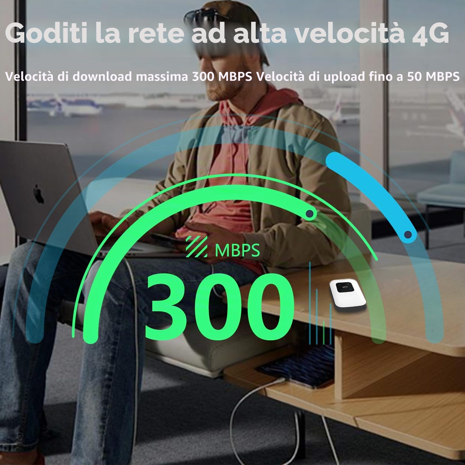 Router Wi-Fi mobile 4G (download 300 Mbit/s / 50 Mbps upload), hotspot Wi-Fi portatile 2100 mAh compatibile con tutte le schede SIM europee, collegare fino a 10 dispositivi