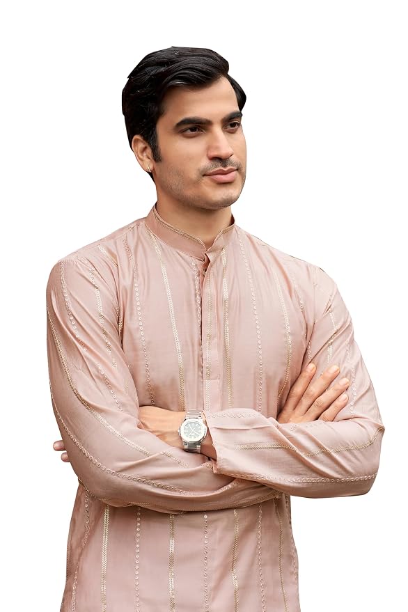 Men’s Silk Blend Kurta Set with Vertical Sequin Embroidery – Perfect for Weddings & Celebrations Regular Fit Kurta Pajama – Casual & Festive Ethnic Wear