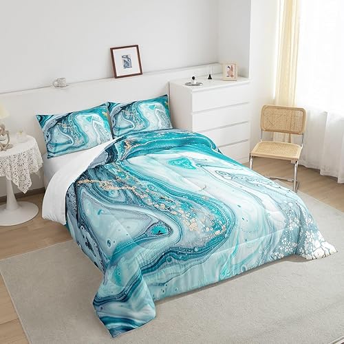 Miniatura 4 de Juego de edredón de arte abstracto, color verde azulado, azul, dorado, textura de mármol, juego de edredón de lujo natural para niños y niñas,