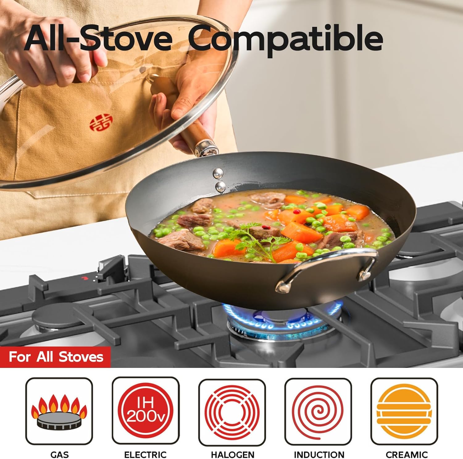 WANGYUANJI 12.6" Heavy Duty Carbon Steel Wok (Seasoning Required), Standard Refined Iron Stir Fry Pan with Lid, Uncoated Flat Bottom Induction Wok, Durable Cookware - Image 3