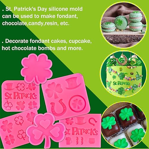 Miniatura 2 de 6 moldes de silicona para el día de San Patricio, moldes de silicona para fondant, trébol de cuatro hojas, sombrero irlandés, barba, cerveza,