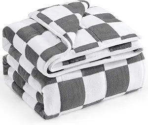 Wemore Flannel Fleece Weighted Blanket for Adult Queen Size 15 lbs, Dual Sided Luxurious Checkerboard Grid Heavy Blankets, Ultra Soft Throw Blanket, Plaid Grey, 60 x 80 inches