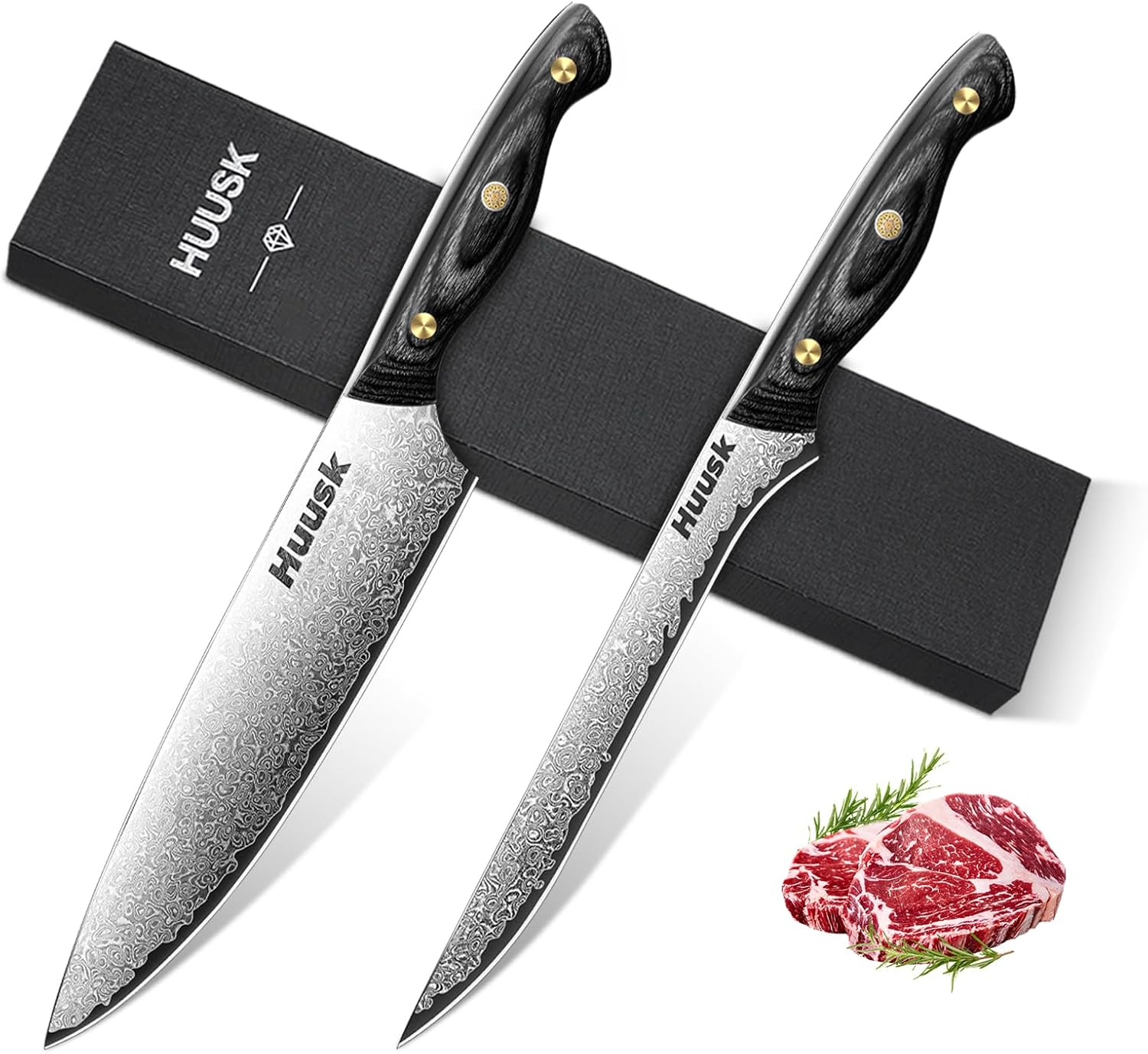 Huusk Damascus Chef Knife 8 inch,Boning Knife 8 inch,VG10 Brisket Trimming Knives for Meat Cutting, Flexible Fillet Knife, Butcher Knives, Kitchen Slicing Knives with Full Tang Handle