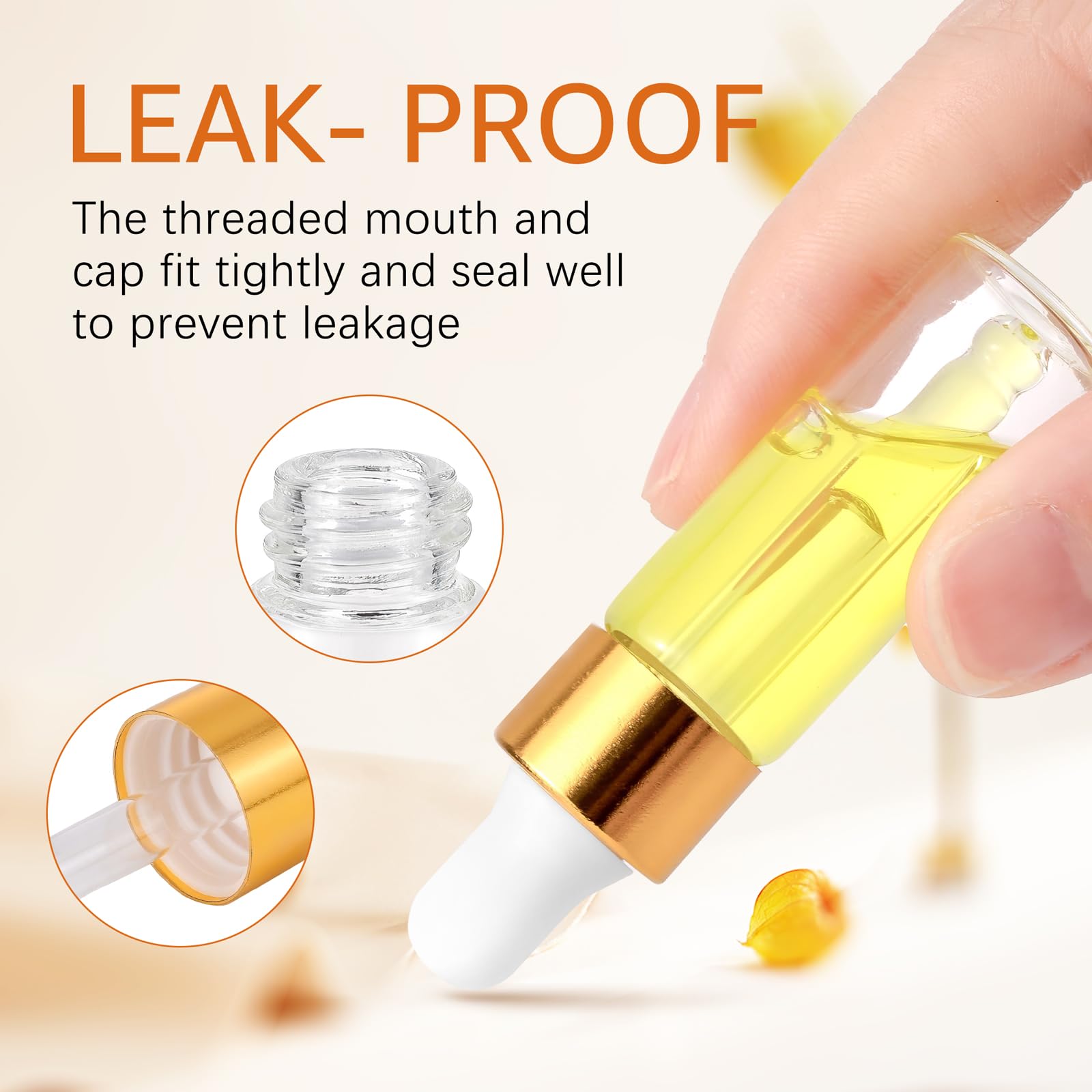 Kesell Mini-Glas-Tropfflaschen, 5 ml, klare Glasflaschen mit Pipette für ätherisches Öl, kleine Reiseflasche mit 5 Kunststoff-Tropfen, kleine Probenflaschen mit Deckel, goldfarben, 100 Stück