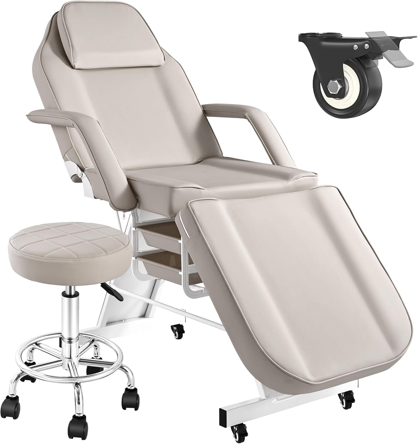 Tattoo Chair for Client with Wheels, Facial Tattoo Spa Bed for Client Esthetician with Rolling Stool, Adjustable Multipurpose Beauty Salon Spa Massage Table Esthetician Beds, Grey