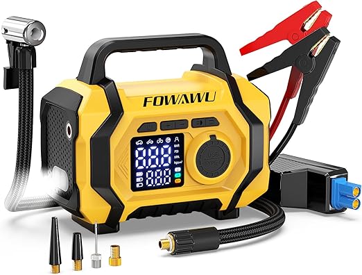 FOWAWU Avviatore Batteria Auto con Compressore 9 in 1, Avviatore Batteria 8000A 26800mAh(Tutti i Benzina e 10L Diesel), Compressore Aria Portatile 150psi con Schermo LCD Digitale Torcia LED