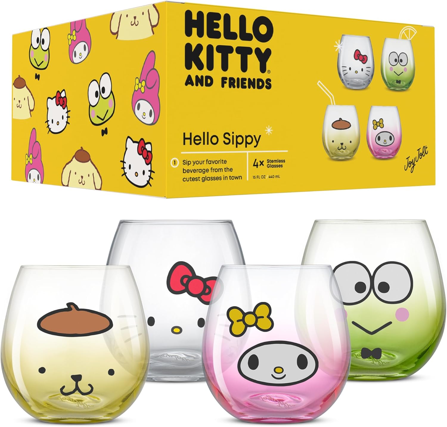 JoyJolt Sanrio Hello Kitty & Friends Hello Sippy Drinking Glasses, 15 oz Stemless Glass Cups Set of 4 ft Hello Kitty Keroppi My Melody Pompompurin, Cute Glasses for Water, Juice, Kawaii Tumbler - Image 8